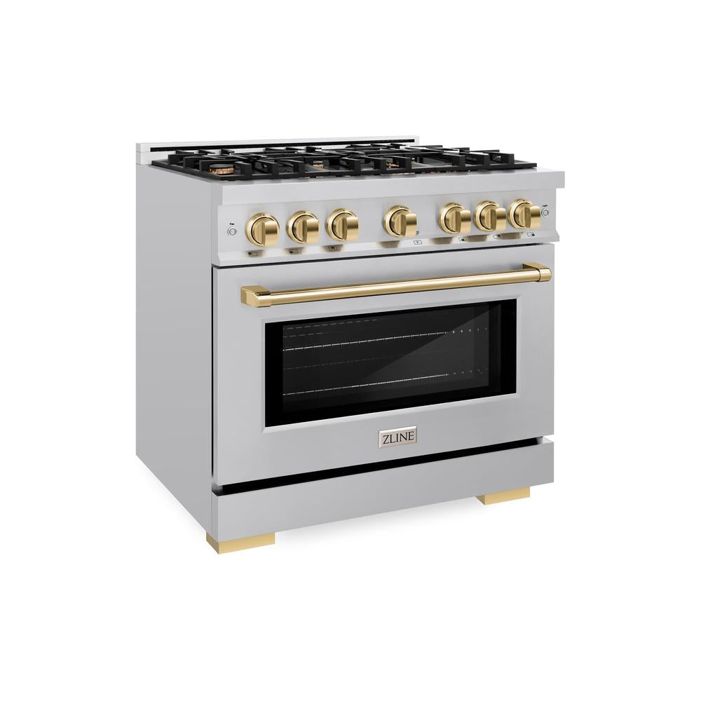 ZLINE Autograph Edition 36 Inch 5.2 Cu. Ft. Select Gas Range with 6 Burner Cooktop & Convection Gas Oven - Stainless Steel with Polished Gold Accents (HGRZ 36 G) | Professional Kitchen Appliance for Home Chefs & Cooking Enthusiasts