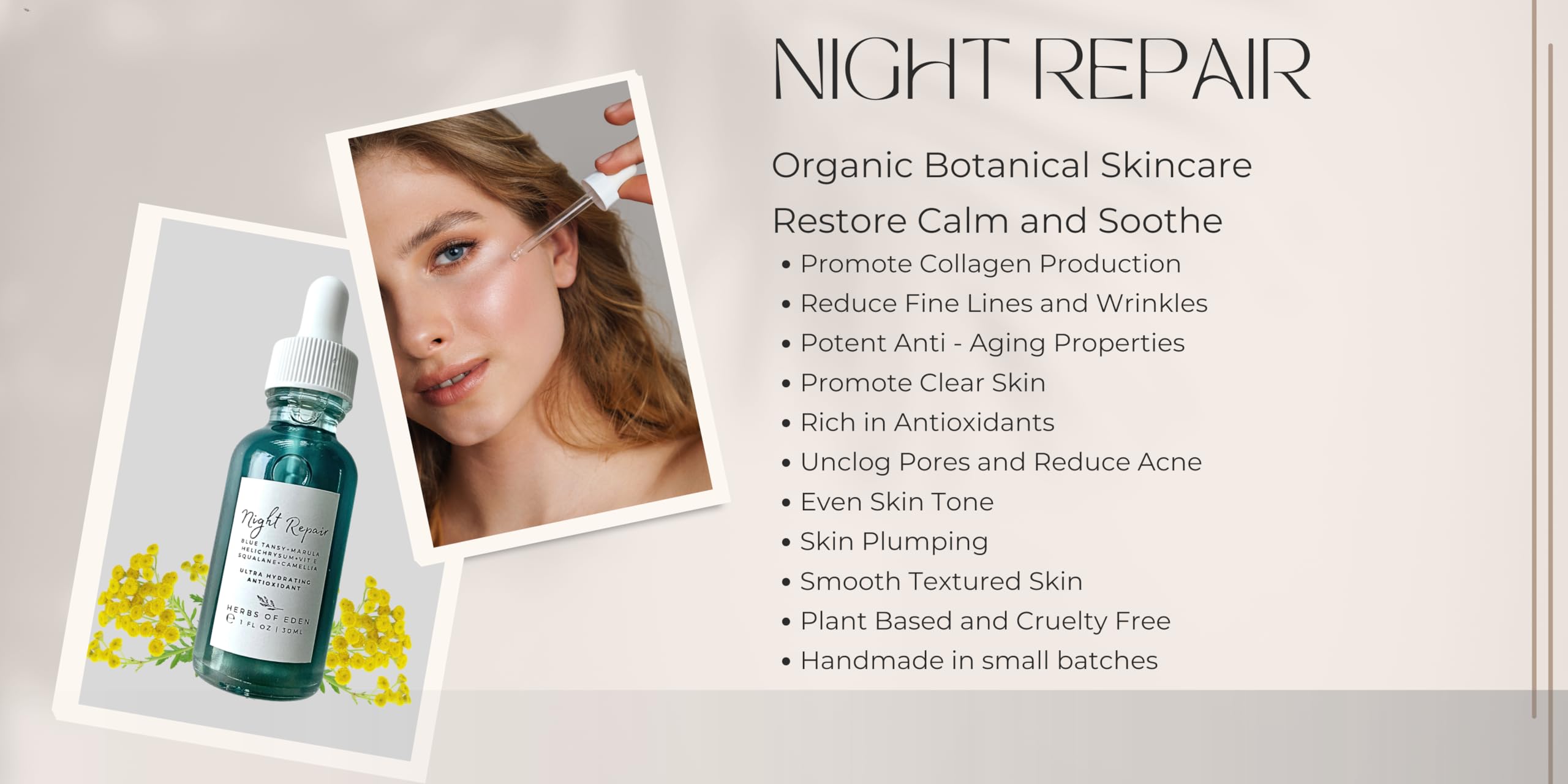 Organic Blue Tansy Night Repair Face Serum with Squalane - Anti-Aging Collagen Booster for Glowing Skin | Pore Minimizer & Skin Plumping Serum | Antioxidant Rich Formula for Gua Sha & Nighttime Skincare Routine
