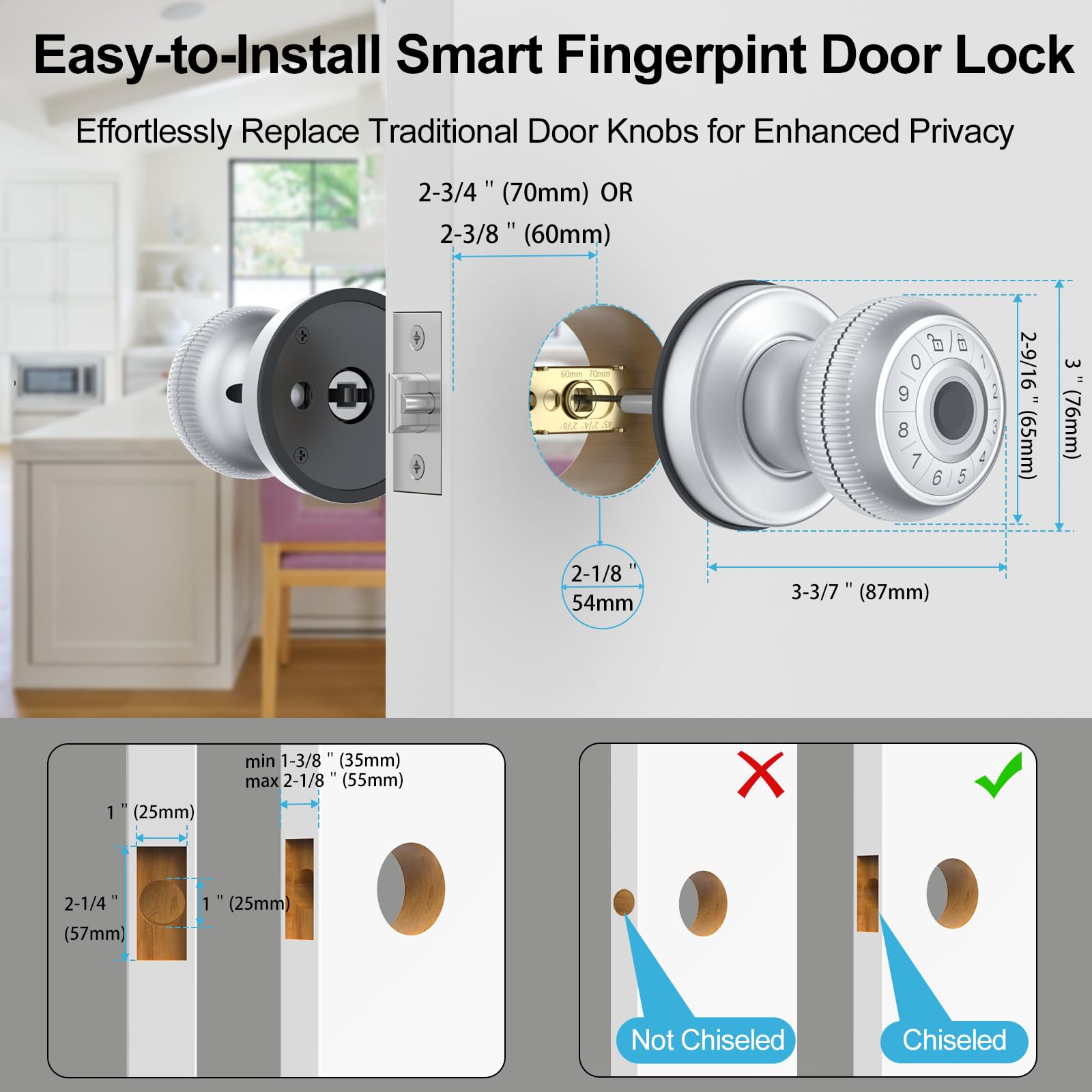 4-in-1 Smart Door Knob with Fingerprint, Keypad & App Control - Auto Lock & Privacy Mode - Secure Entry for Homes, Offices & Garages (Silver, 1 Pack) - Perfect for Smart Home Security & Keyless Access