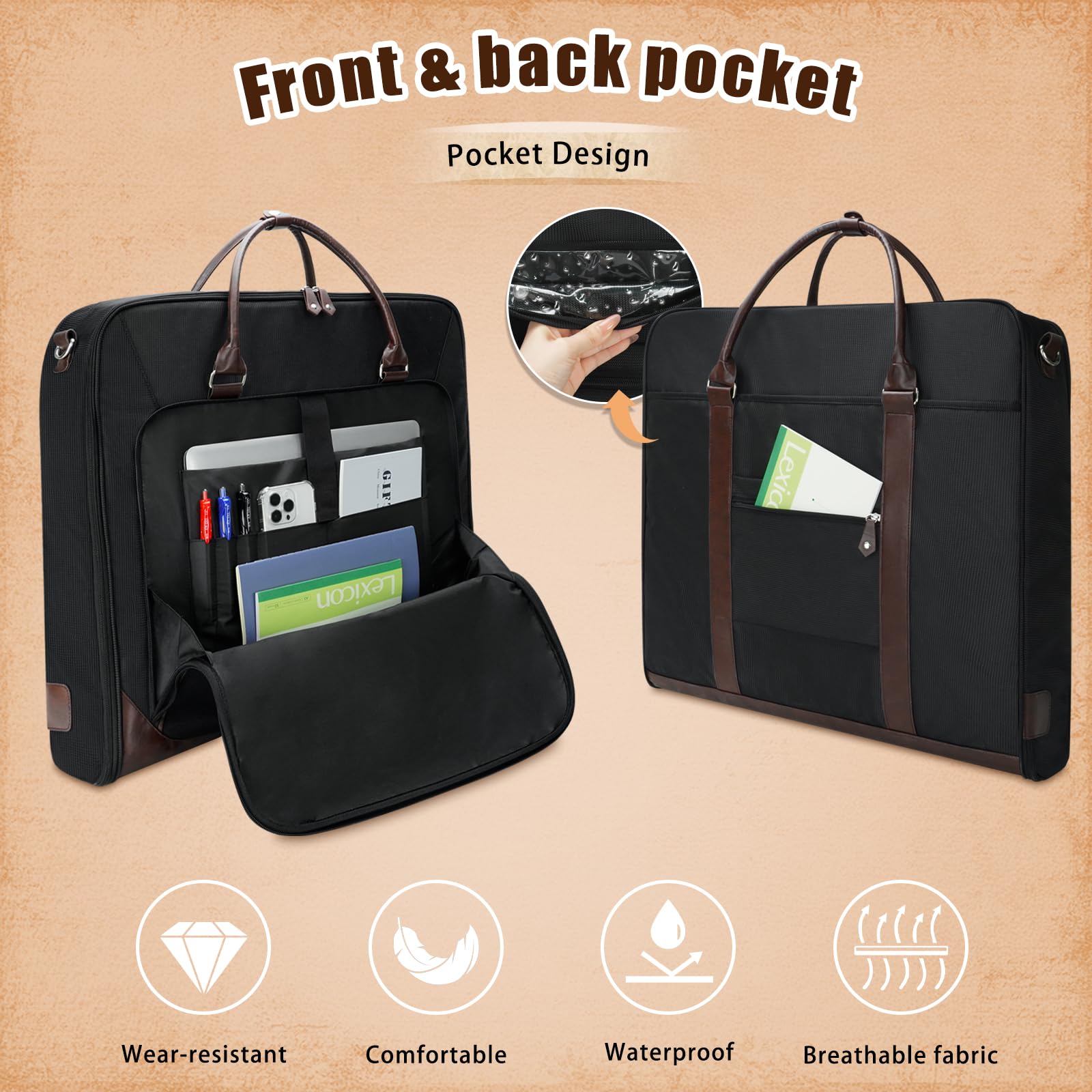 Premium Leather Garment Bag for Travel - Large Carry-On Suit Bag with Adjustable Strap - Business Hanging Luggage for Men & Women (Black) - Perfect for Business Trips, Weddings & Formal Events