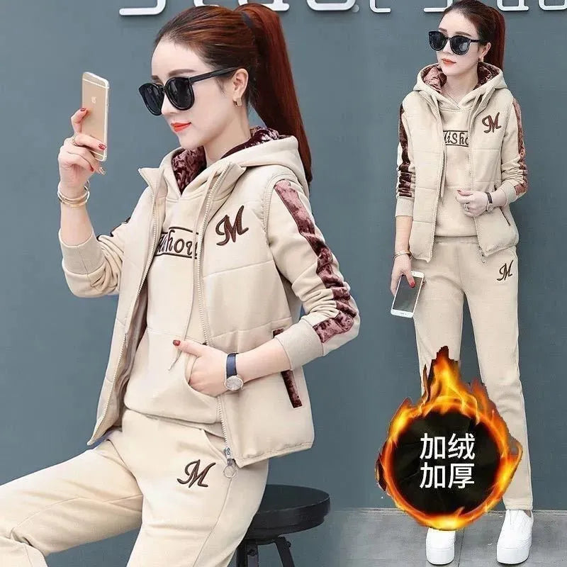 2024 Women's Winter Warm 3-Piece Tracksuit Set - Thick Fleece Hoodie, Waistcoat & Pants for Casual Outfits | Cozy Fall & Winter Loungewear, Gym, Travel & Everyday Wear
