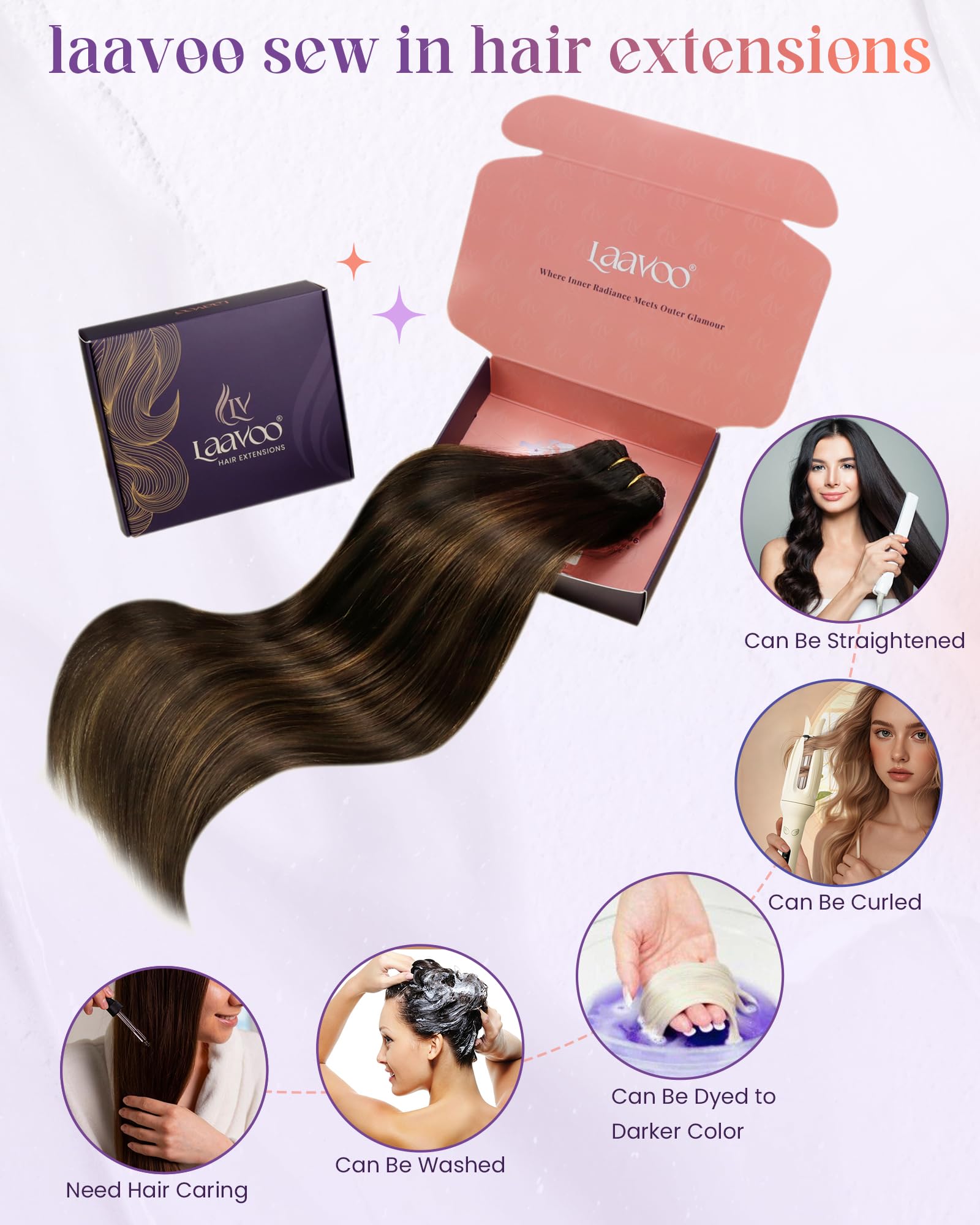 LaaVoo 22 Inch Human Hair Weft Extensions - Dark Brown to Light Brown Ombre Balayage, Double Weft, 100g, Long Straight Sew-in Hair for Natural Look | Perfect for Daily Styling, Parties & Special Occasions