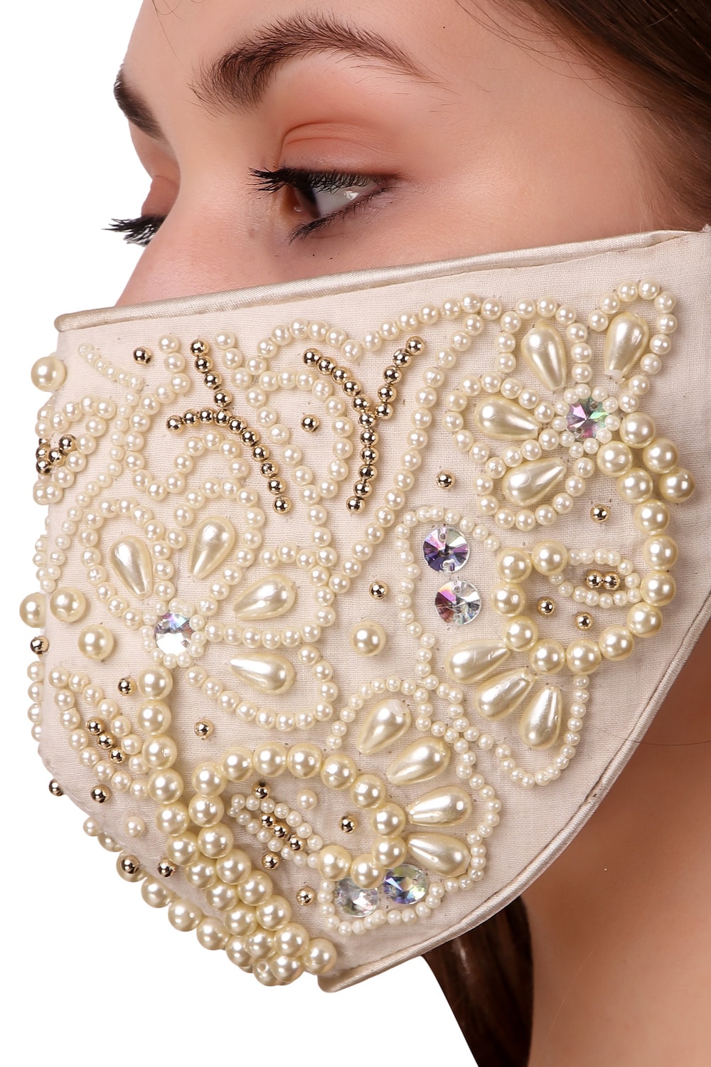 Handmade Pearl Bead Embroidered Cotton Face Mask - Breathable & Comfortable for Daily Wear, Parties, and Special Occasions