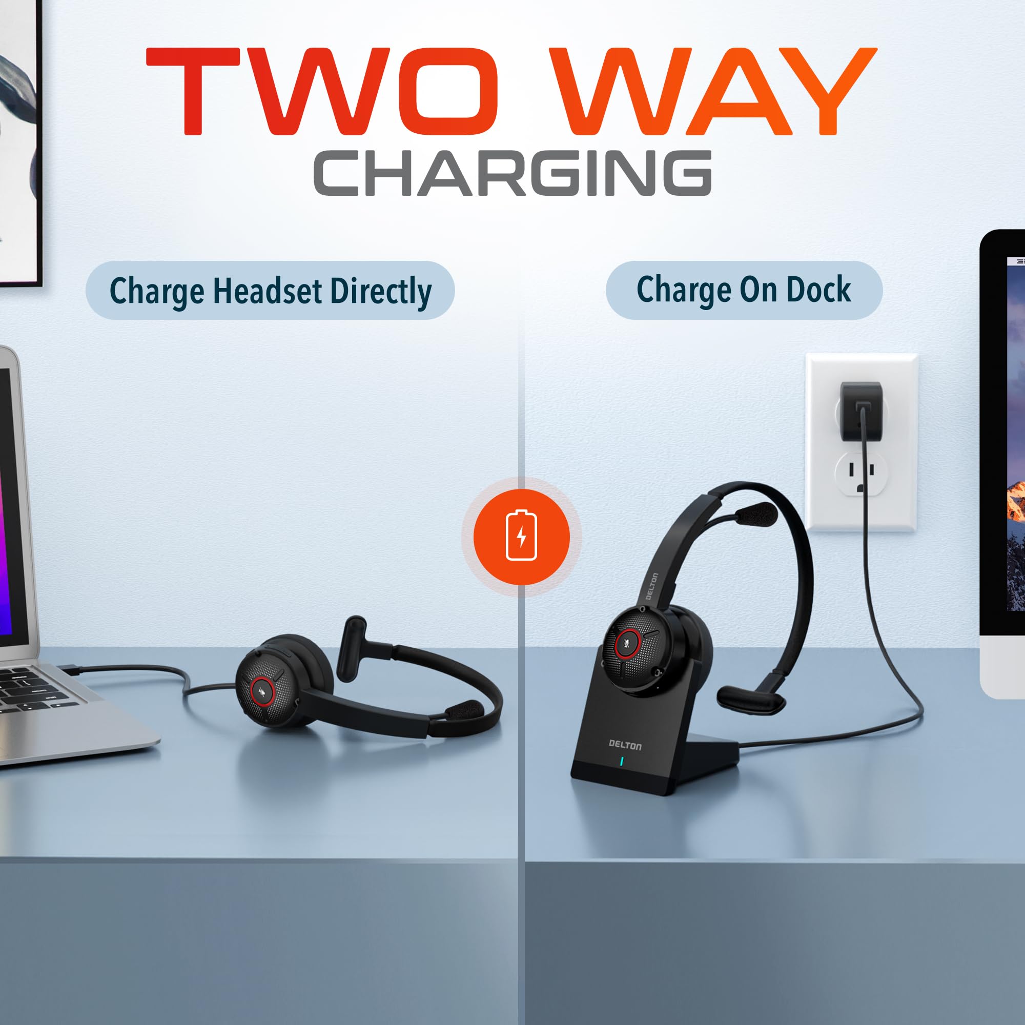 Delton Wireless Noise Canceling Headset with USB Dongle & Charging Dock - Bluetooth Computer Headphone for PC, Laptop, Mac - Works with Zoom, Microsoft Teams, Google Meet - Perfect for Home Office, Online Meetings & Remote Work (Black)