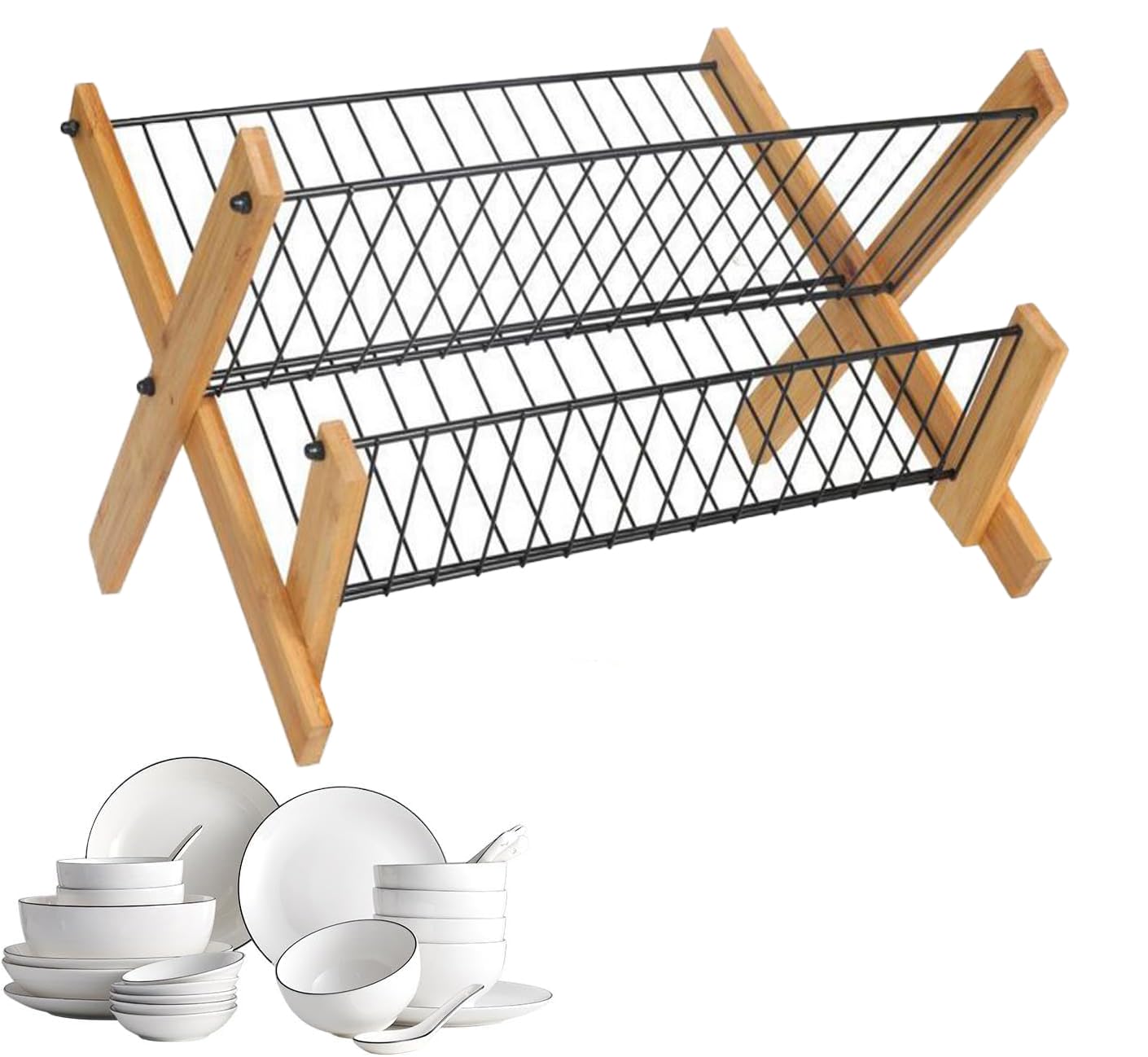 Premium 2-Tier Foldable Bamboo Dish Drying Rack with Stainless Steel Frame - Space Saving Kitchen Counter Organizer for Plates, Bowls & Utensils - Perfect for Small Apartments, RVs & Compact Kitchens (Model SS-01)