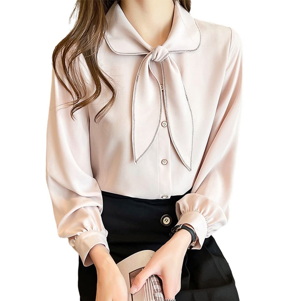 WALNUTA Women's Long Sleeve Chiffon Blouse with Bow Collar - Elegant Tops for Work, Office, and Special Occasions