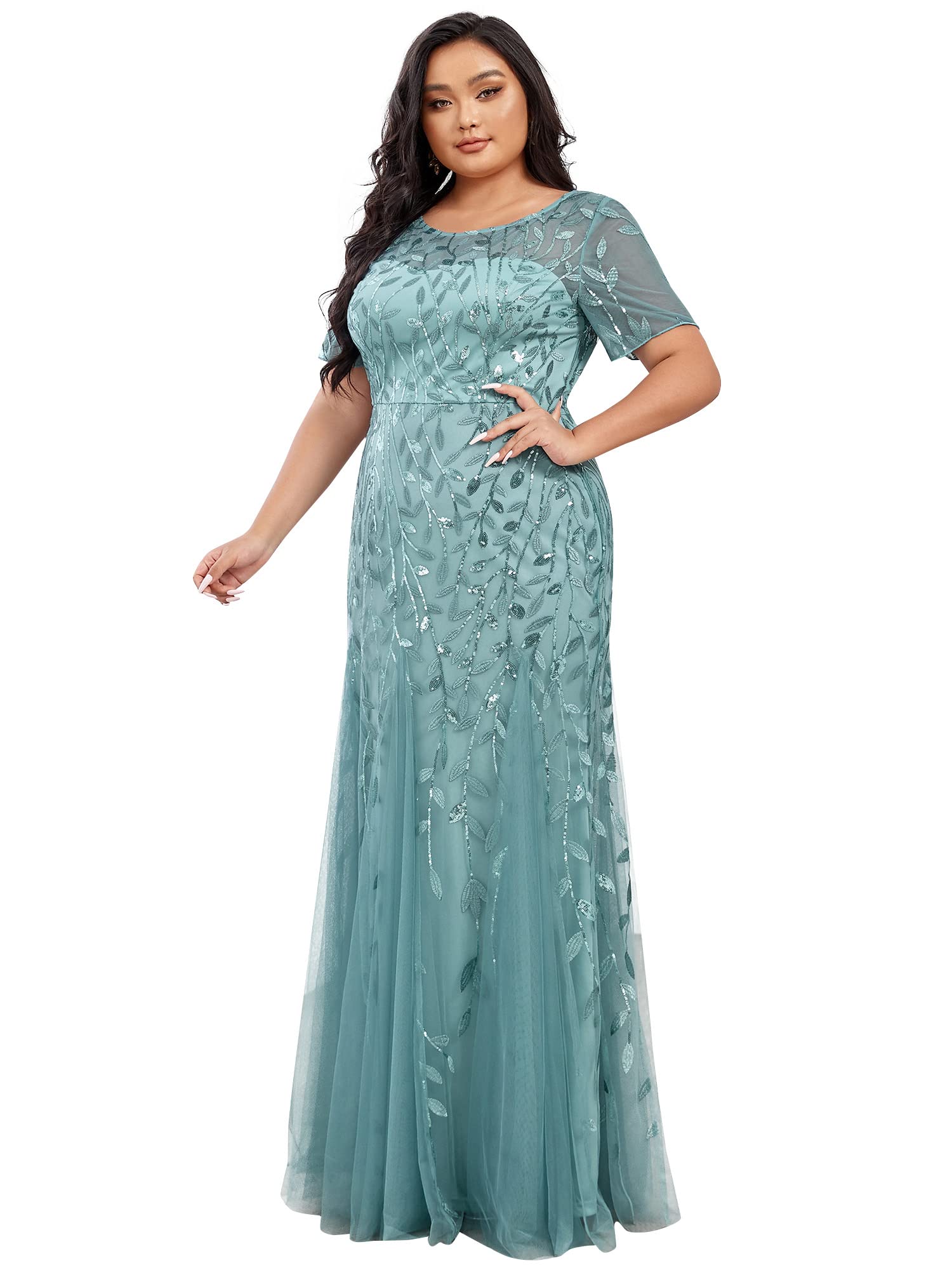 Ever-Pretty Women's Plus Size Embroidery Sequin Short Sleeve Bodycon Maxi Formal Dress 07707-PZUSA - Perfect for Evening Parties, Prom, Wedding Guest & Special Occasions