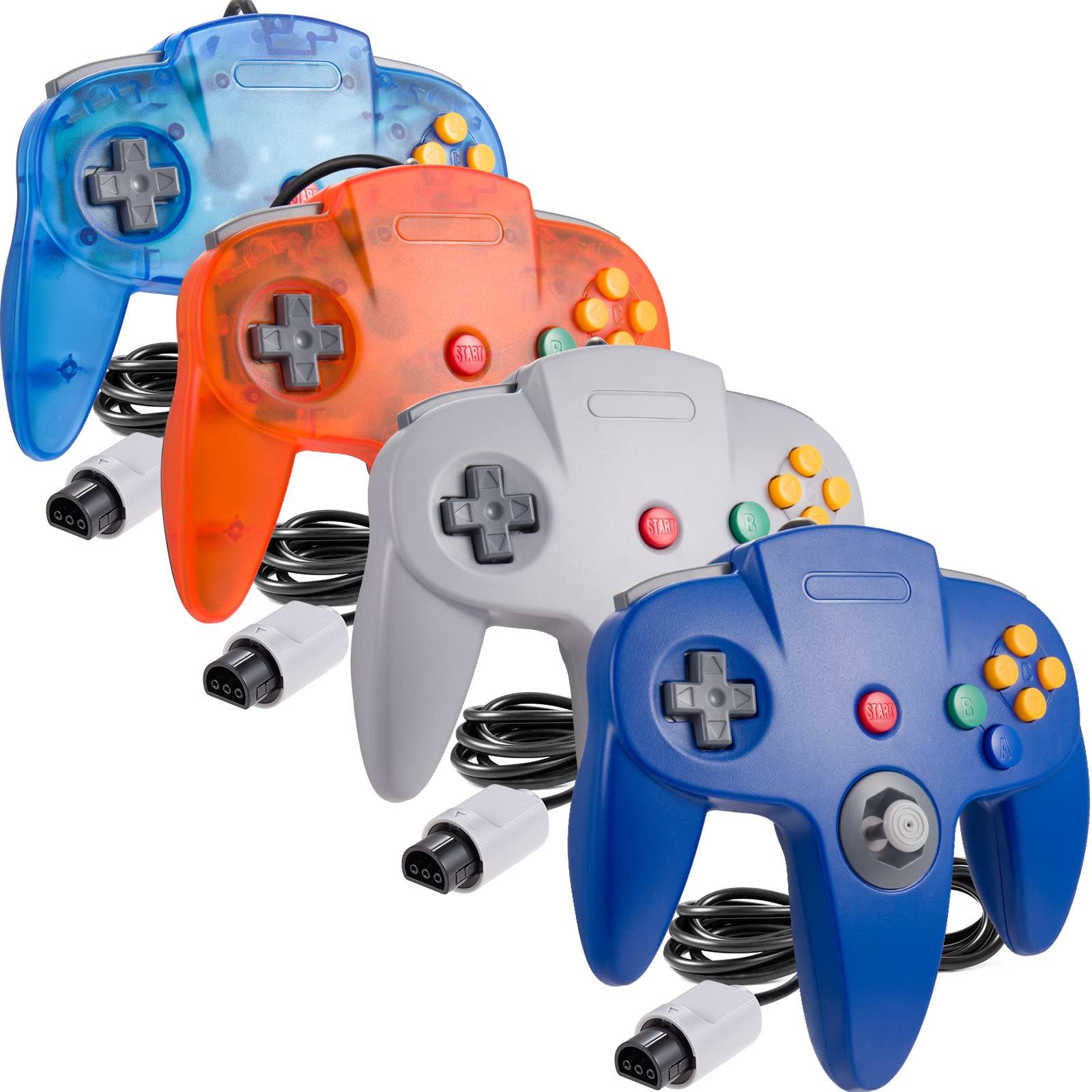 4 Pack Classic 64 Controller - iNNEXT Wired Gamepad Joystick with 3D Analog Stick for Nintendo 64 - Plug & Play (Non PC USB Version) - Gray/Blue/Clear Orange/Clear Blue - Perfect for Retro Gaming & Multiplayer Sessions