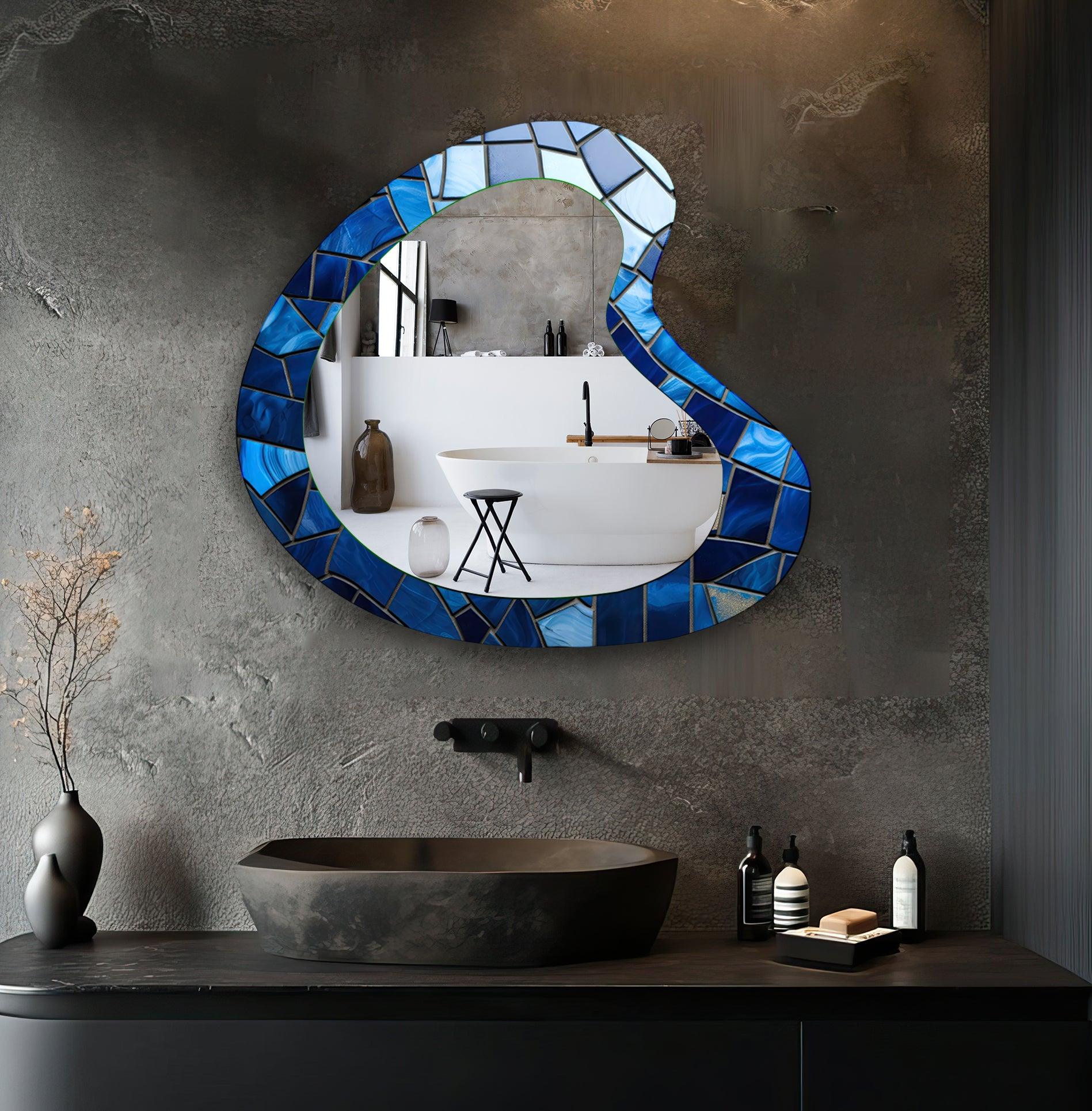 Blue Mosaic Decorative Glass Wall Mirror - Handcrafted Art Piece for Bathroom, Bedroom & Entryway Decor - Shatterproof & Stylish Home Accent