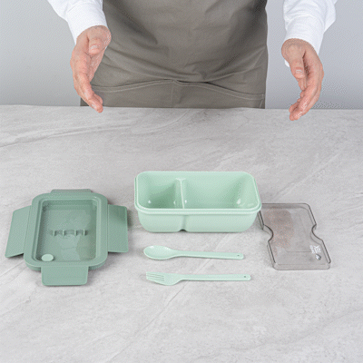 Bento Tek 29 oz Green Lunch Box - BPA Free, Microwave Safe, Leak-Proof Food Container with Fork & Spoon - 7.75
