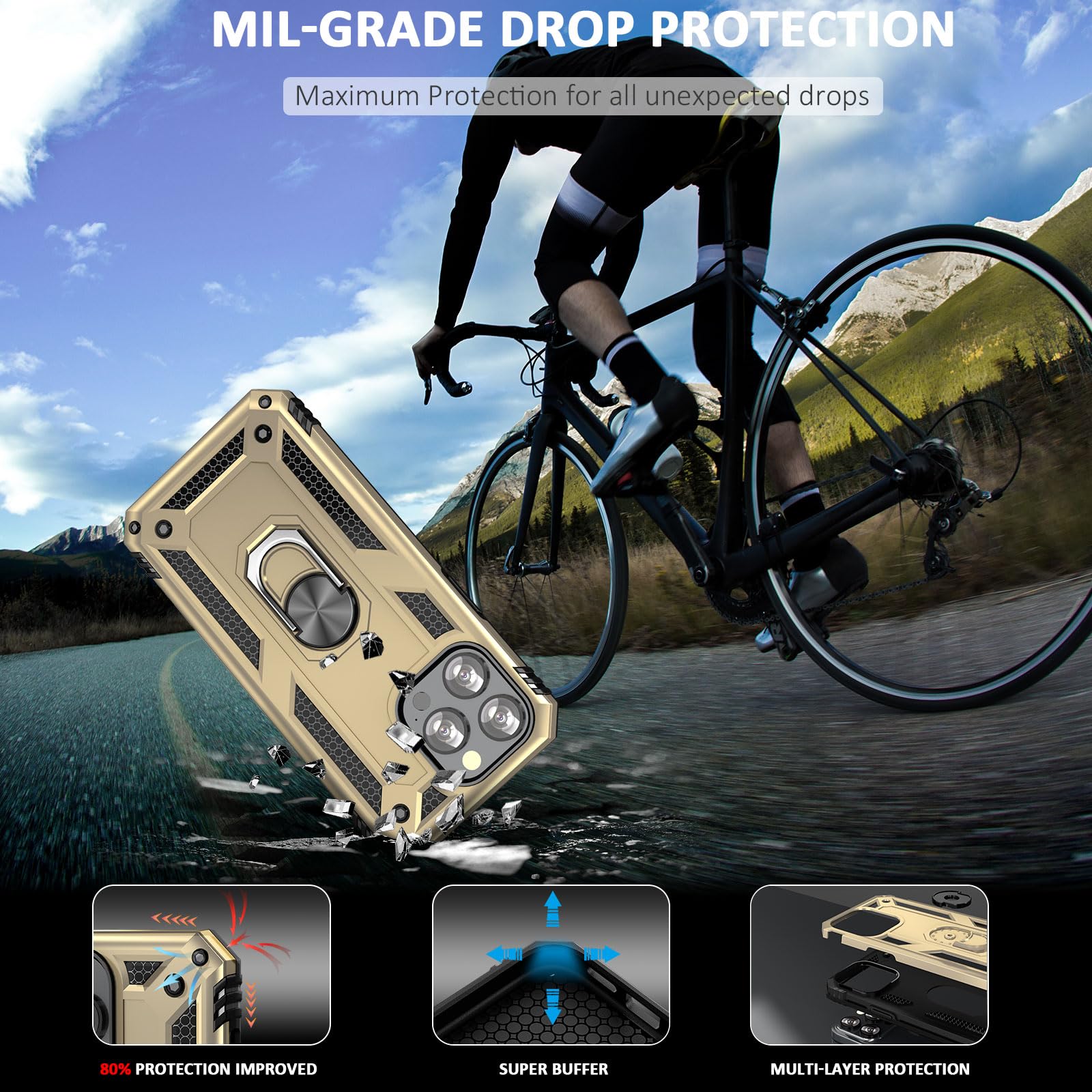 Military Grade Shockproof iPhone 12/12 Pro Case with Ring Stand & Kickstand - 6.1 Inch Protective Cover, Anti-Scratch Bumper for iPhone 12 & 12 Pro (Gold) | Perfect for Car Mounting, Hands-Free Viewing & Outdoor Activities