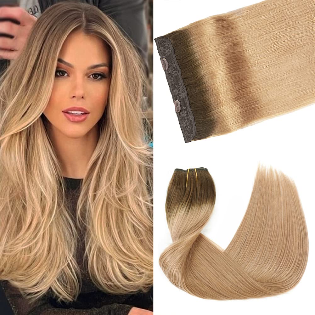 20 Inch Real Human Hair Extensions - Chocolate Brown to Caramel Blonde Straight Clip-in Hair Extensions with Invisible Wire & Transparent Fish Line for Seamless Blending | Perfect for Daily Wear, Parties, Weddings & Special Occasions