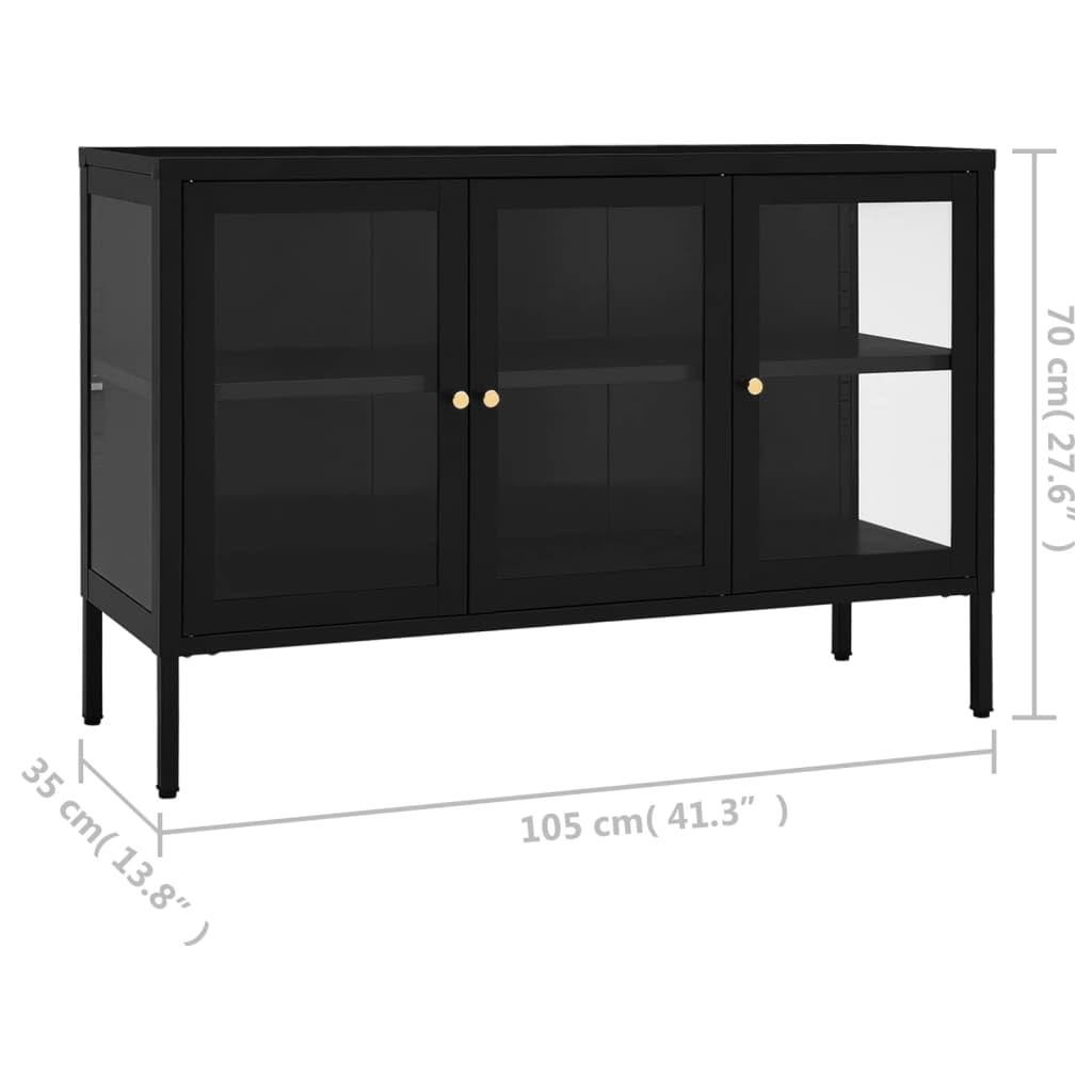 vidaXL Powder-Coated Steel Sideboard - Black Tempered Glass Door Storage Cabinet with Adjustable Shelf | Sturdy Bookshelf & Decorative Display Cabinet for Living Room, Office & Bedroom Organization