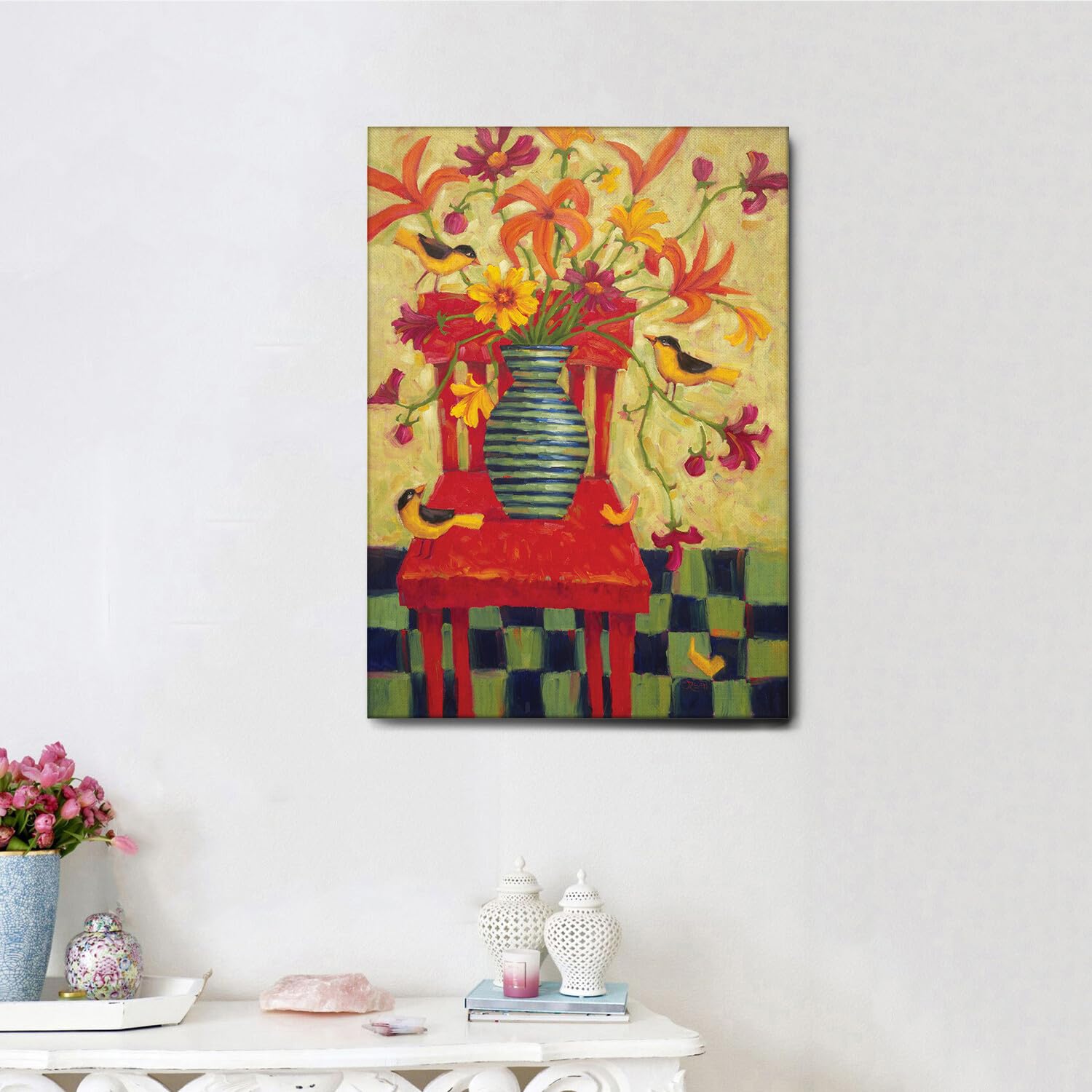 Giallobus - Cindy Revell Painting - Red Chair Flower Vase Canvas Art - 70x100cm Standard Frame - Ready to Hang - Modern Home Wall Decor for Living Room, Bedroom & Office