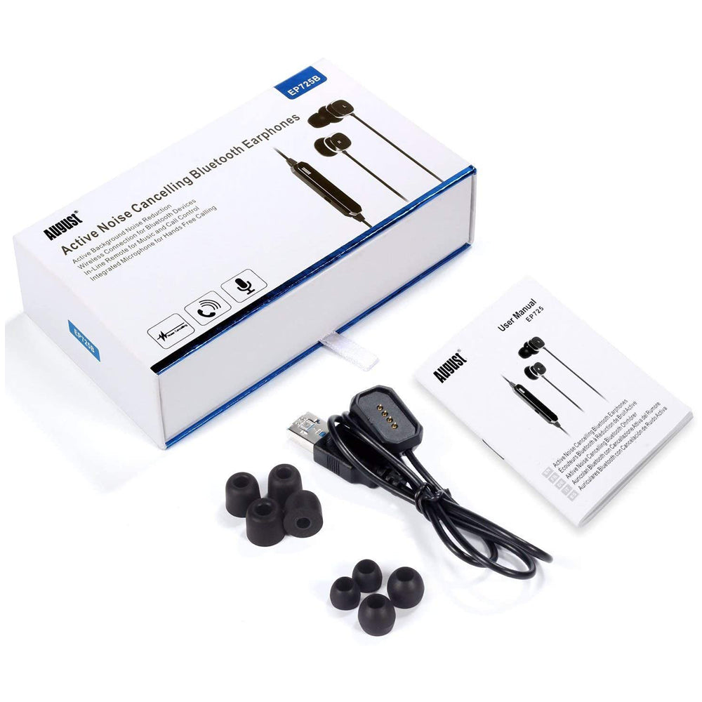 August EP725 Refurbished Noise Cancelling Bluetooth Earphones with AptX & OTG Charging - Perfect for Travel, Workouts & Commuting