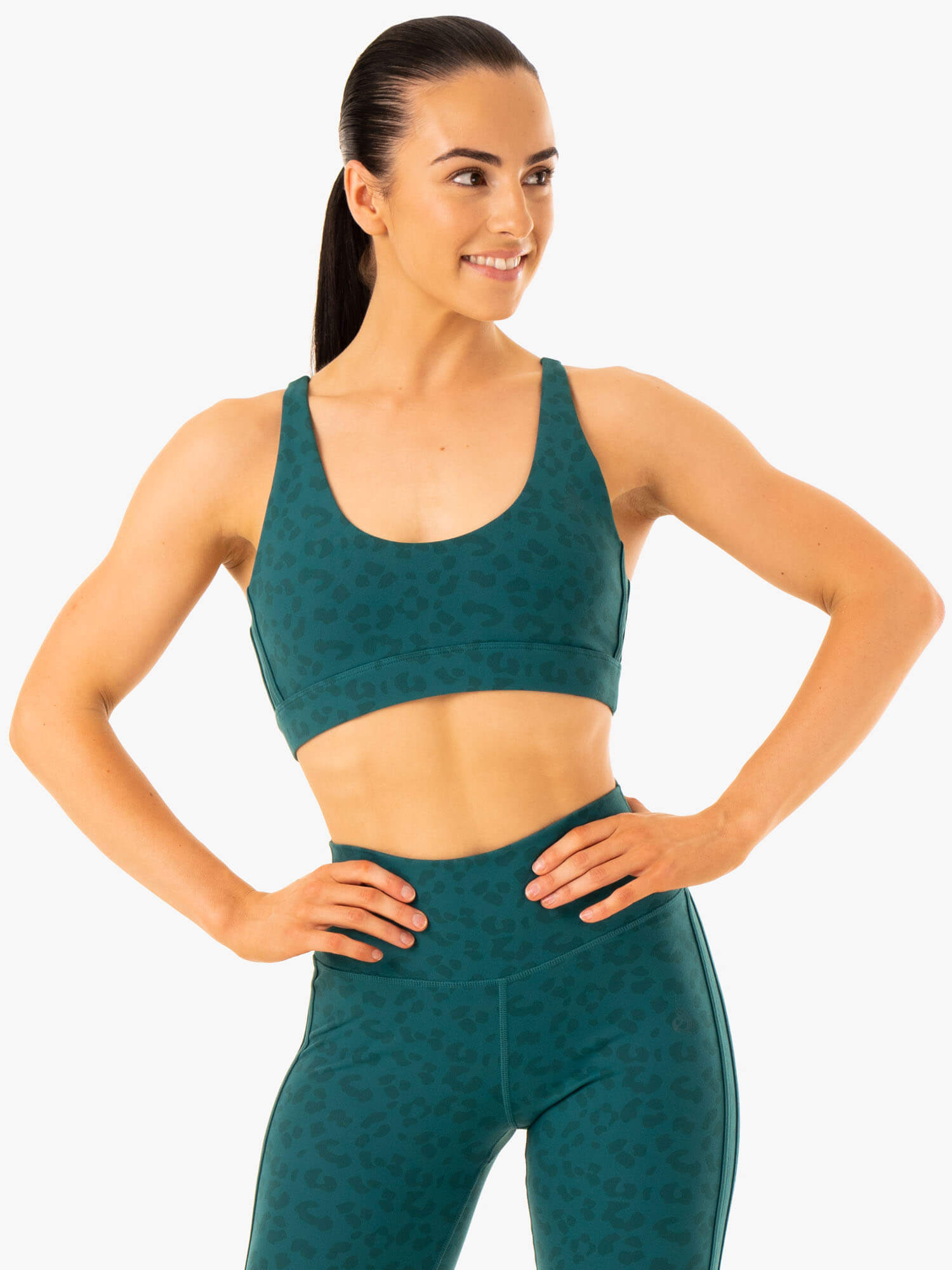 Evolution High Support Sports Bra - Teal Leopard Print - Yoga, Running & Gym Workout Top for Women