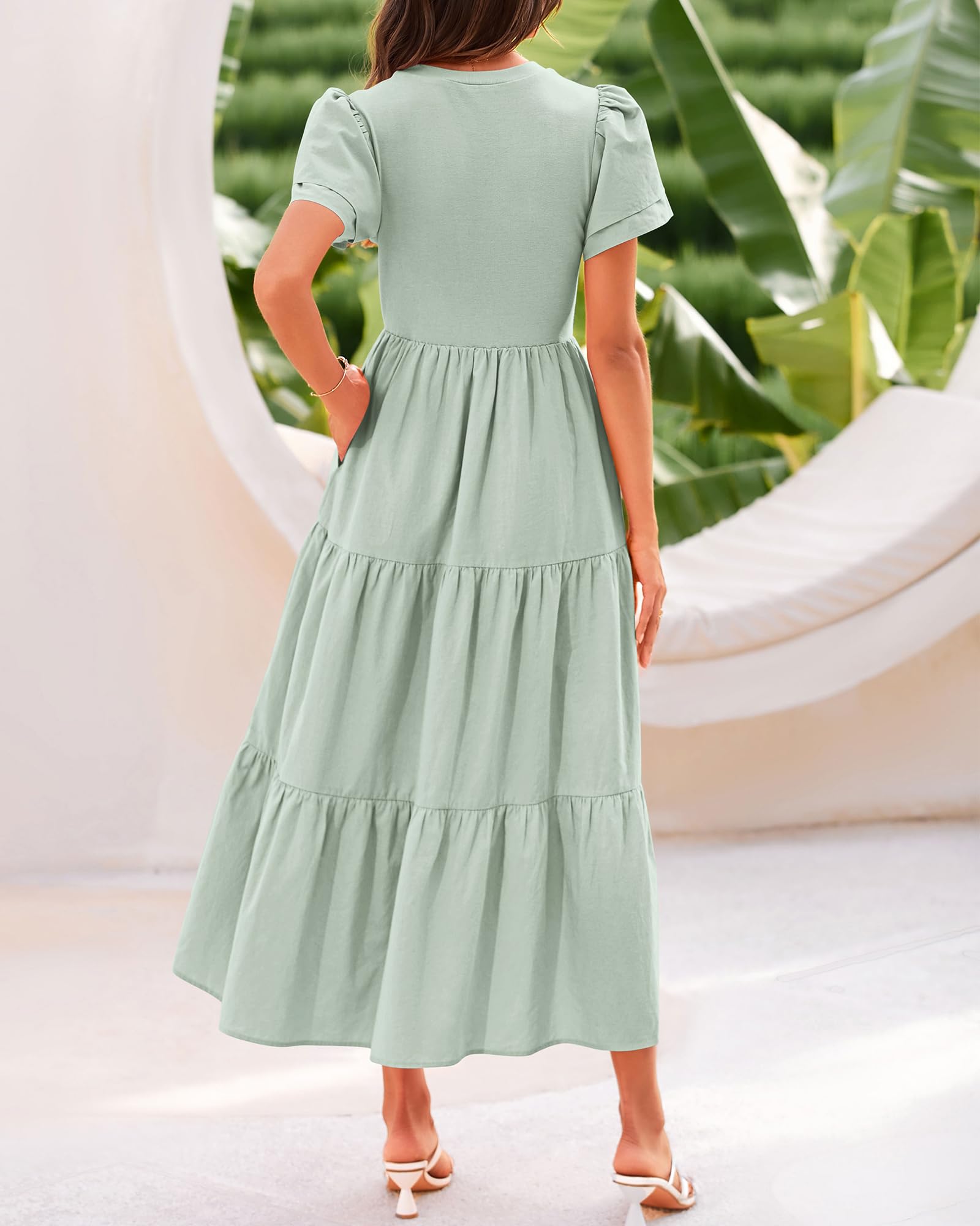 BTFBM Women's Casual Summer Maxi Dress 2025 - Boho Flowy Tiered Beach Dress with Pockets, Crewneck Short Sleeve for Spring & Summer Vacations | Perfect for Beach Outings, Music Festivals & Casual Daywear