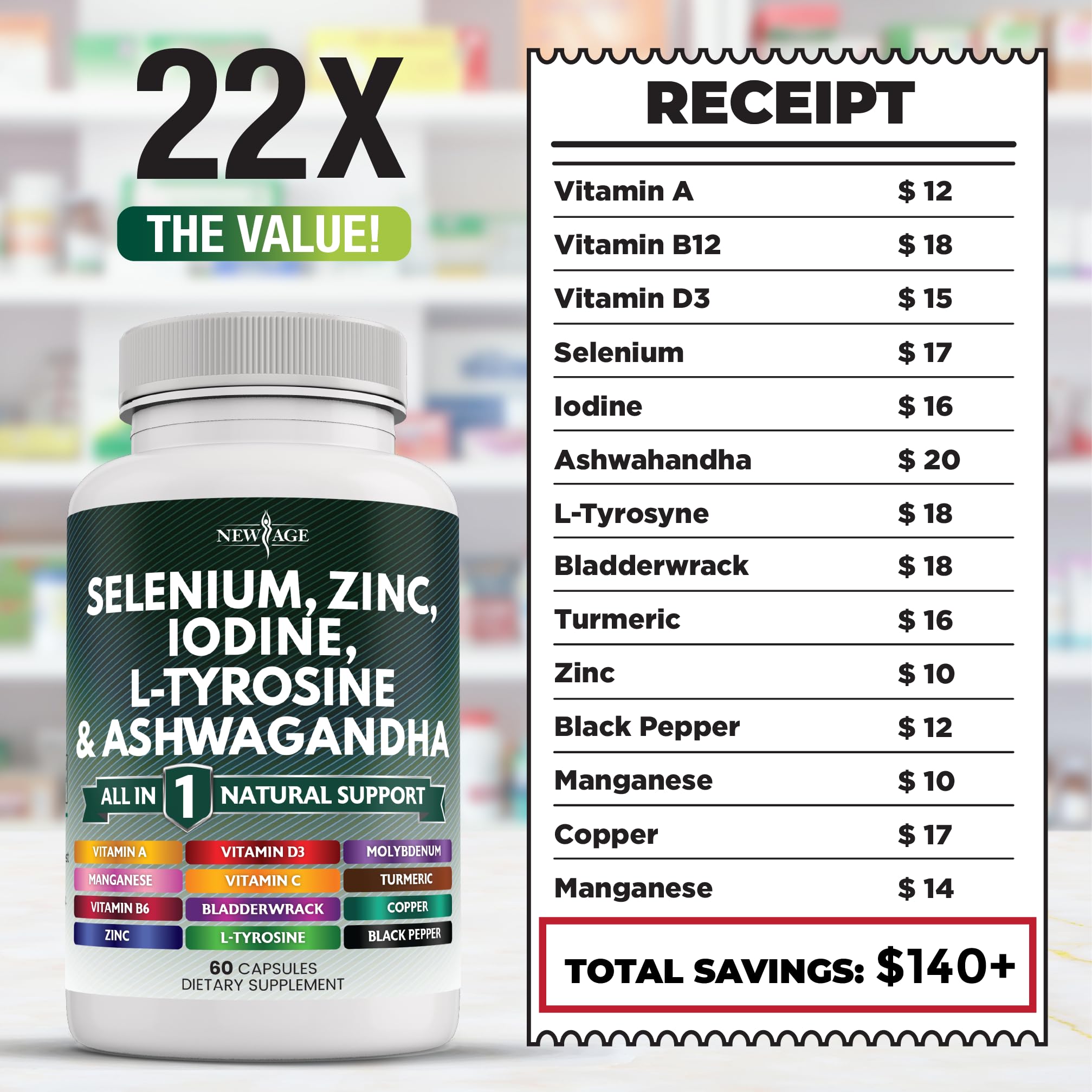 NEW AGE Selenium Zinc Iodine Supplement with L-Tyrosine, Ashwagandha, Bladderwrack & Turmeric - Thyroid Support for Men & Women - 120 Capsules - Boost Energy & Metabolism for Active Lifestyle