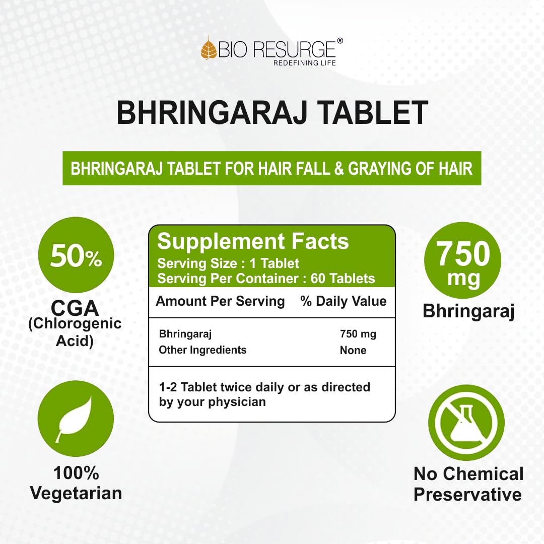 Bio Resurge Ayurvedic Bhringraj Healthy Skin & Hair Supplement - 60 Tablets 750mg | Promotes Hair Growth & Glowing Skin | Perfect for Daily Wellness Routine & Ayurvedic Self-Care