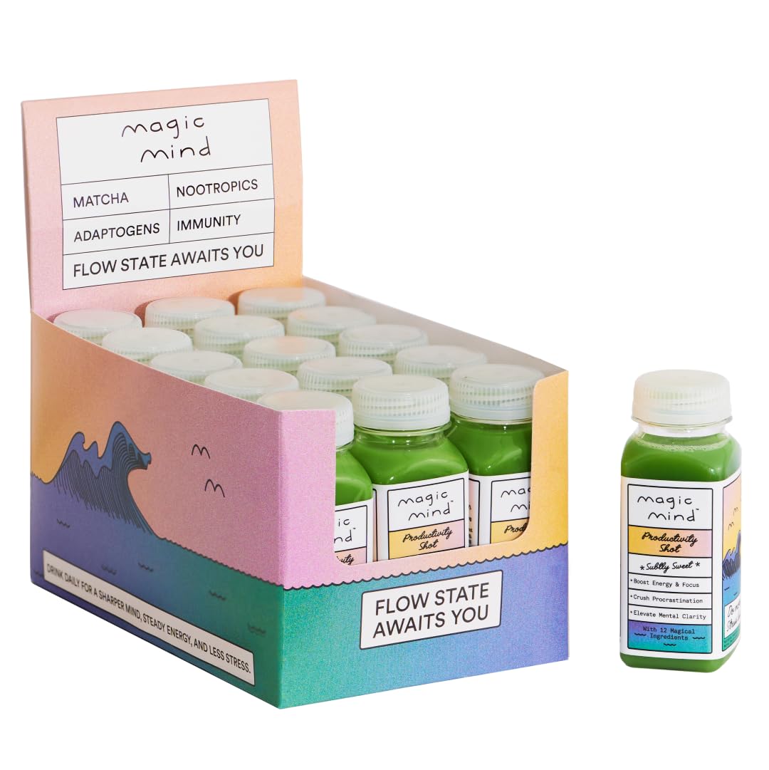 Magic Mind Energy and Focus Drink Shots - Stress Relief Supplement with Ashwagandha, Vitamin B12 & C, Matcha Green Tea, Functional Mushrooms - No Jitters, 2 Fl Oz (15 Pack) - Boost Productivity for Workouts, Study & Mental Clarity