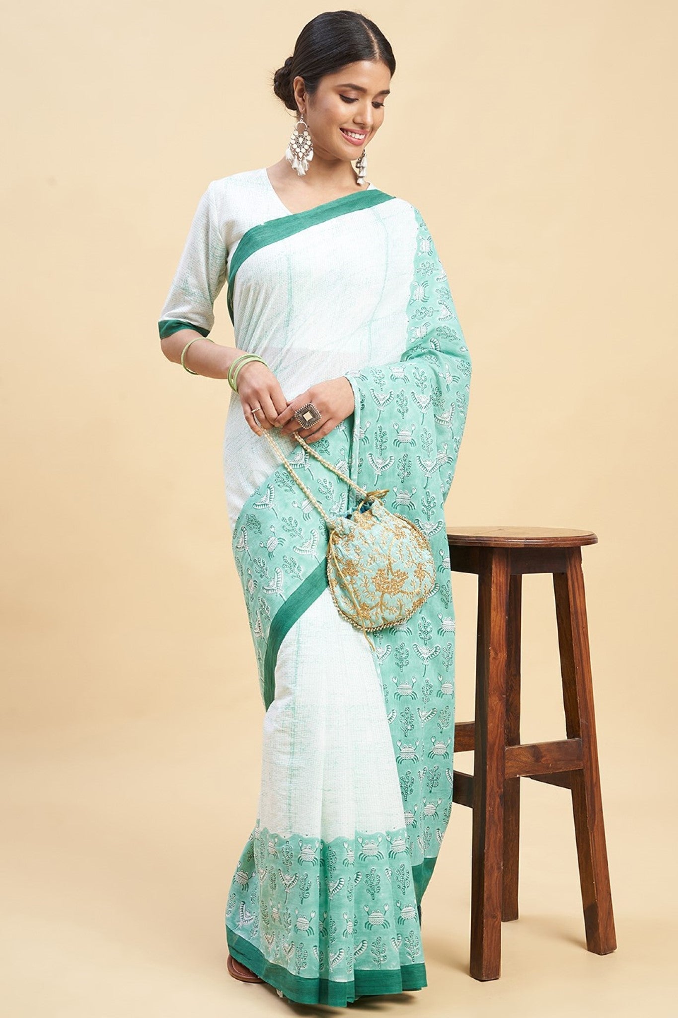 Fiddler Green Crab Block Printed Cotton Saree - Handmade Indian Traditional Saree for Women - Perfect for Weddings, Festivals & Cultural Events