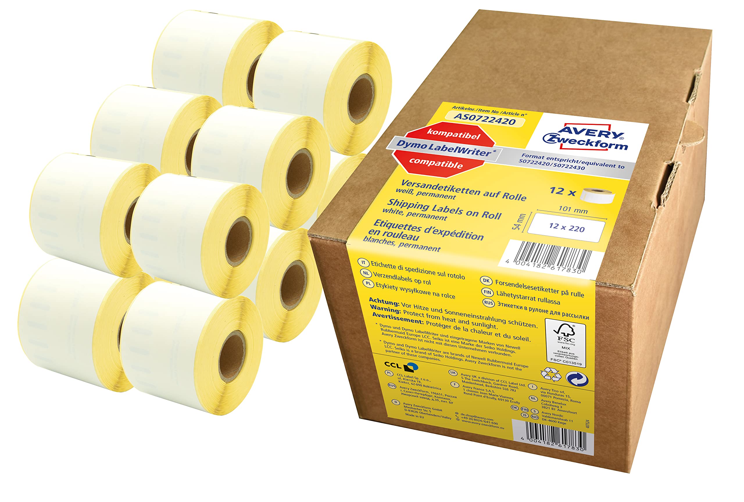 Avery Zweckform AS0722420 Self-Adhesive Shipping Labels - 2,640 Pack (54x101mm) for Dymo LabelWriter | Compatible with S0722420/99014 | 12 Rolls White | Perfect for E-commerce, Logistics & Package Labeling
