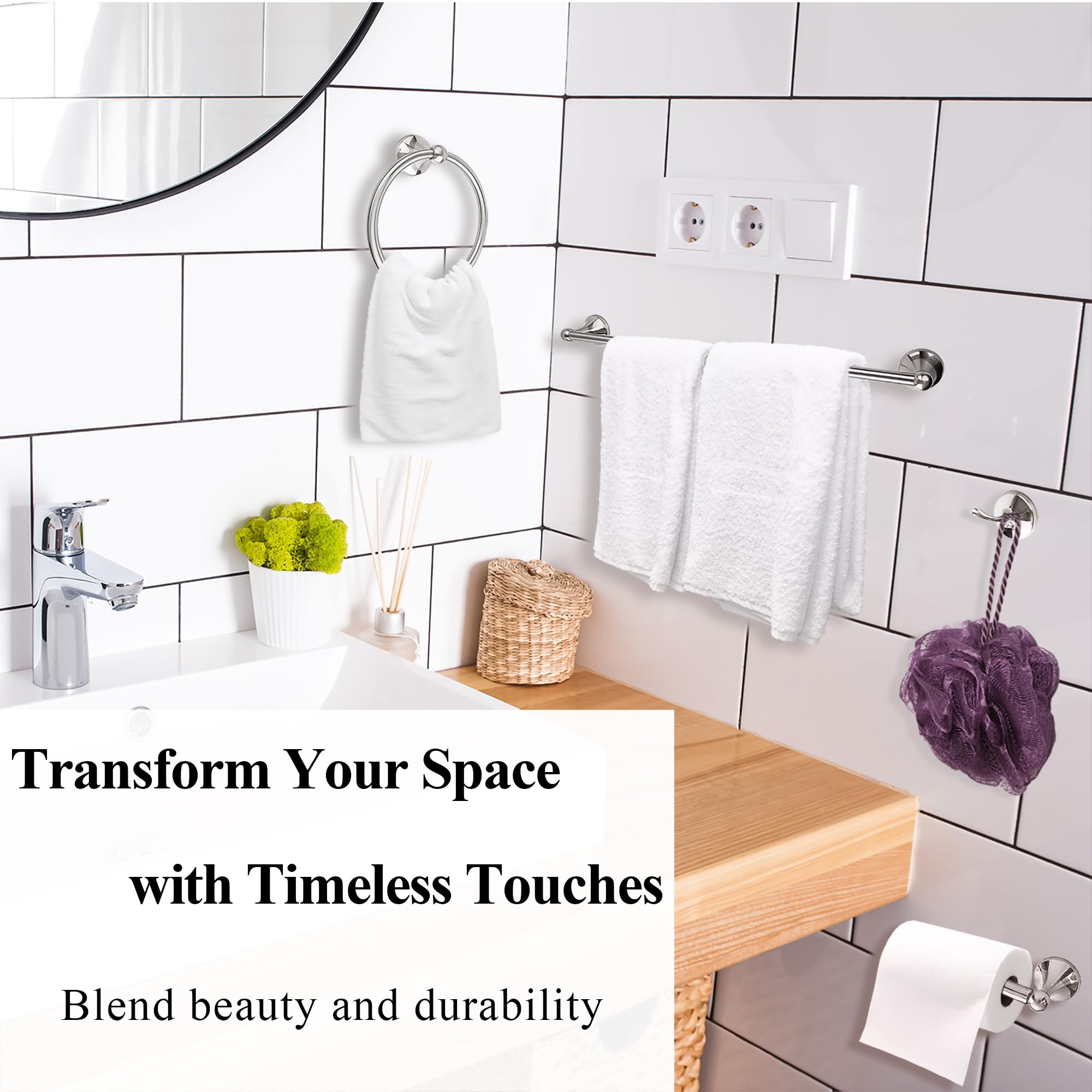 4-Piece Brushed Nickel Bathroom Hardware Set - Towel Rings, Hooks & Bar for Wall Mounting - Stainless Steel Towel Holder Set for Modern Bathrooms - Perfect for Home, Hotel & Spa Decor