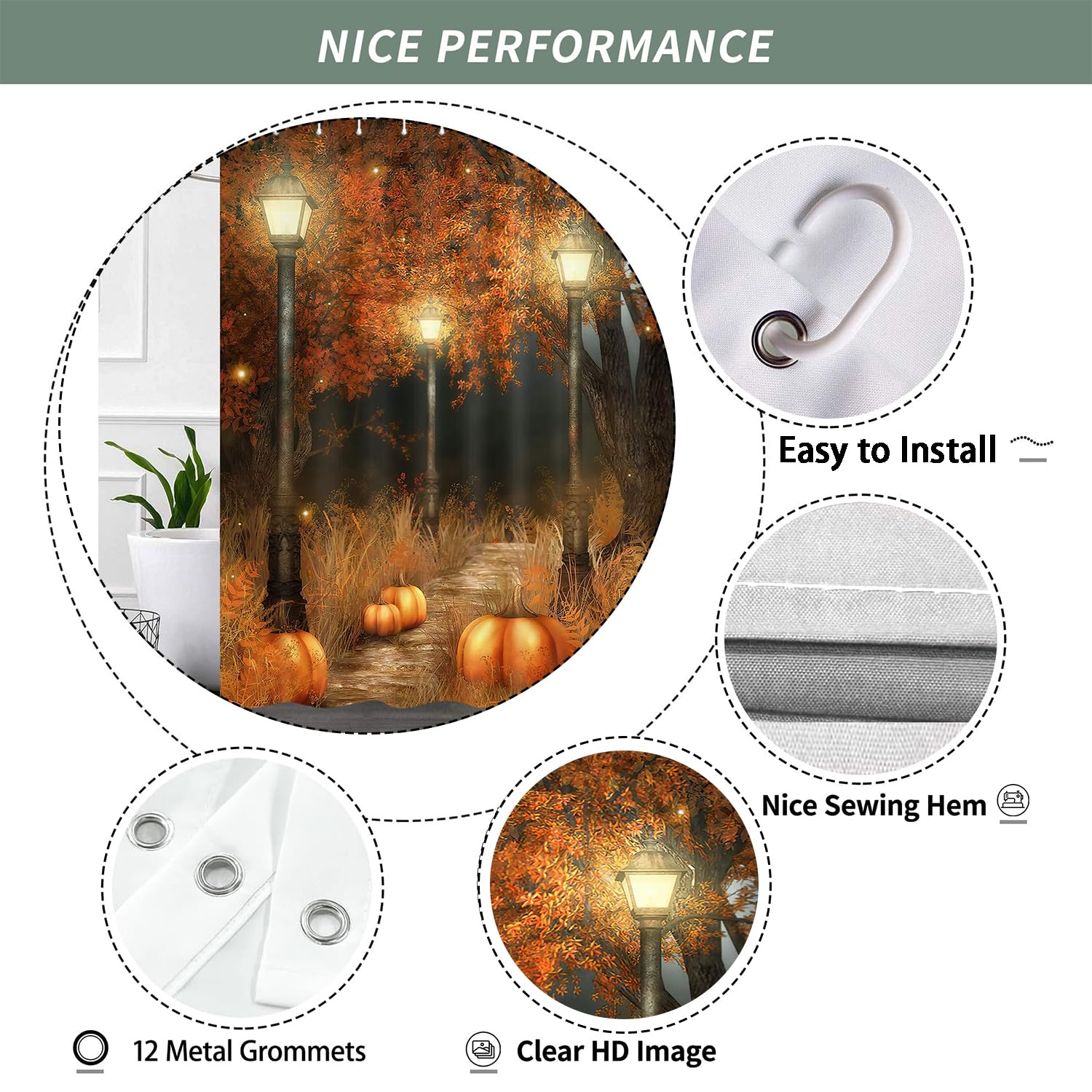Thanksgiving Shower Curtain Set - Autumn Pumpkin Halloween Bathroom Decor with Brown Tree Design, 72x72 Inches Waterproof Fabric Shower Curtain Includes Hooks - Perfect for Fall Bathroom Decorations & Holiday Home Decor