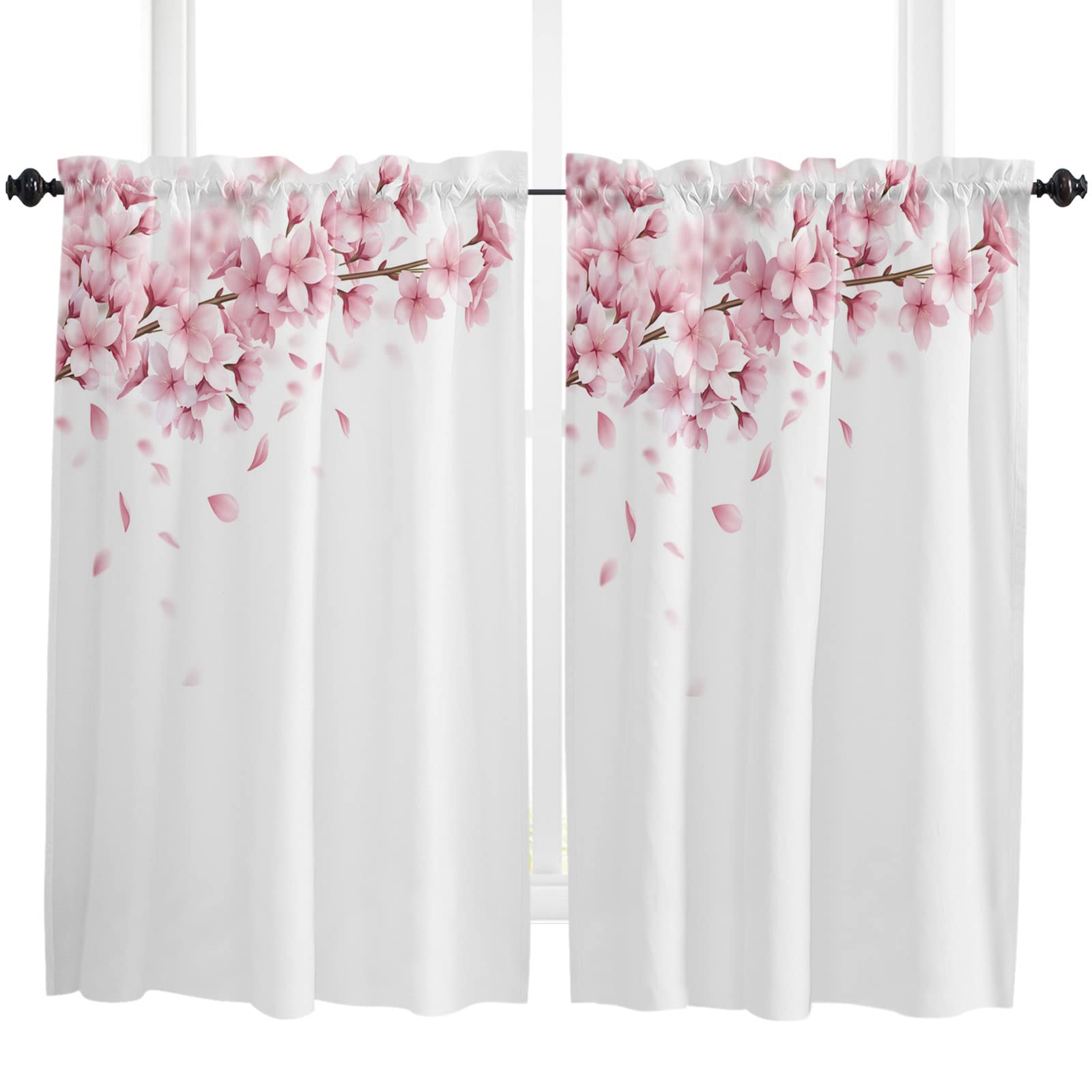 Spring Pink Sakura Flowers Kitchen Curtains 45 Inch Length - 2 Panels Cafe Tier Window Drapes with Rod Pocket, 55x45 Inches - Perfect for Kitchen, Dining Room, and Cafe Window Treatments