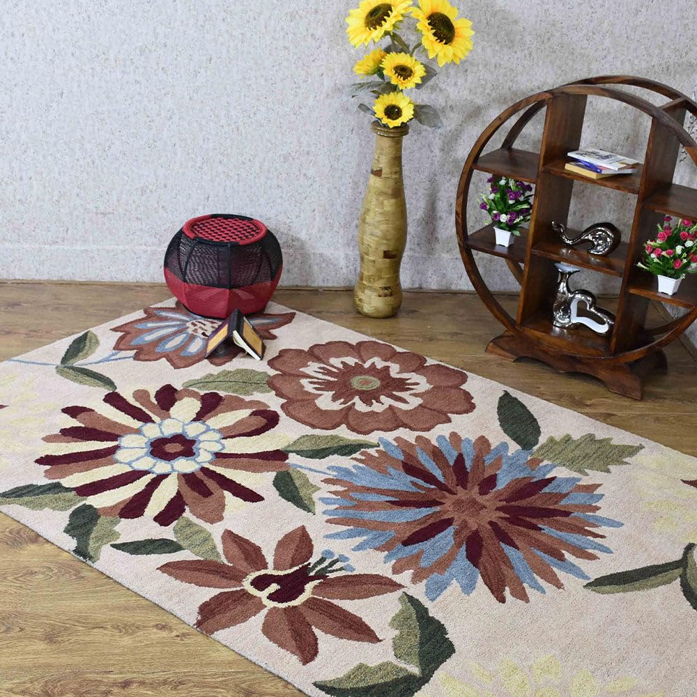Handmade Eco-Friendly Wool Area Rugs 5x8 Feet - Modern Floral Design, Cream Rectangle Non-Slip High Pile Rug for Living Room, Bedroom, Office | Soft & Durable Home Decor (K03059)
