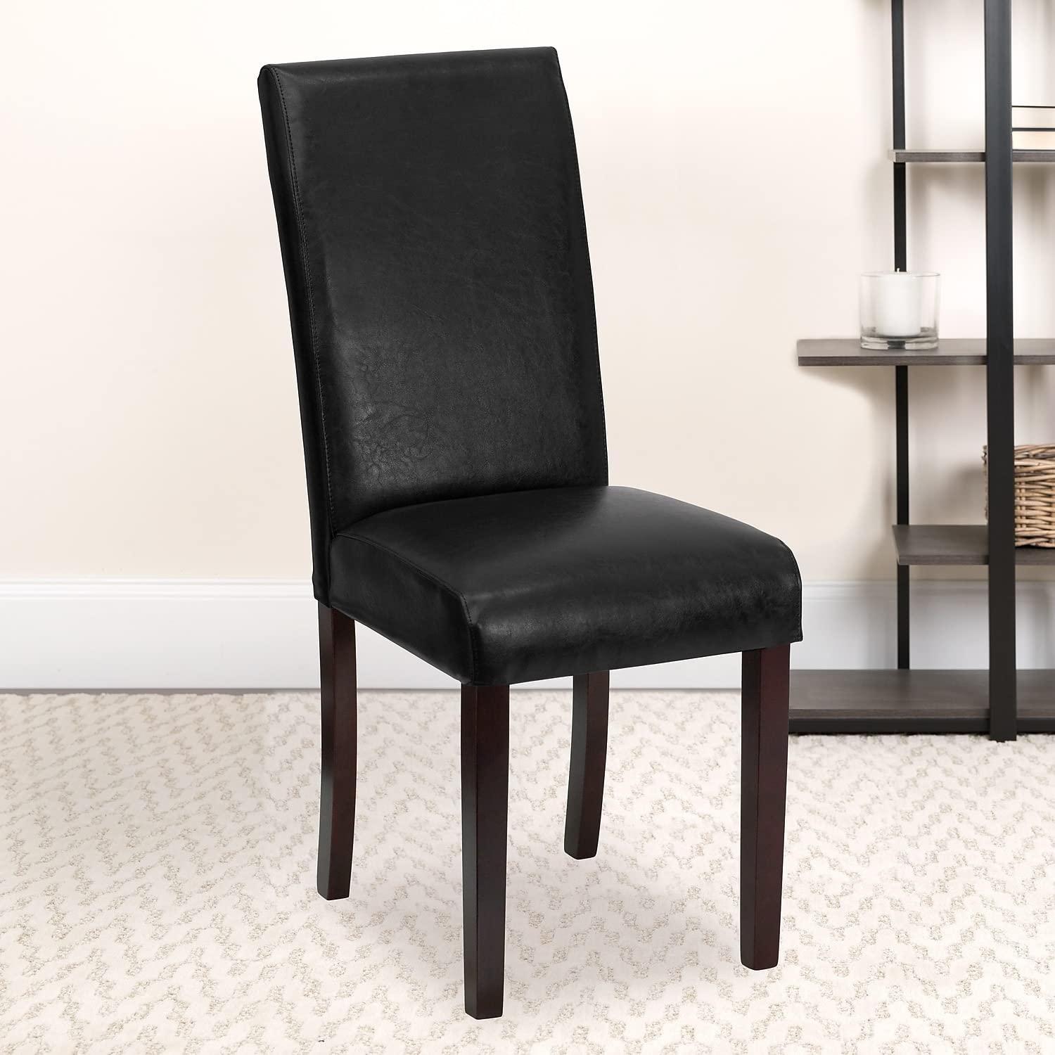 Flash Furniture Godrich Set of 2 Traditional Black LeatherSoft Upholstered Panel Back Parsons Dining Chairs - Elegant Dining Room Seating for Home, Restaurant or Office Use