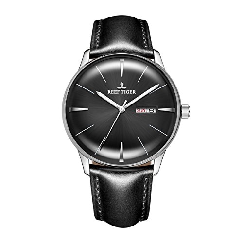 REEF TIGER Men's Automatic Dress Watch with Convex Lens Glass, Stainless Steel Case & Genuine Leather Band RGA8238 - Perfect for Business, Formal Events & Everyday Elegance