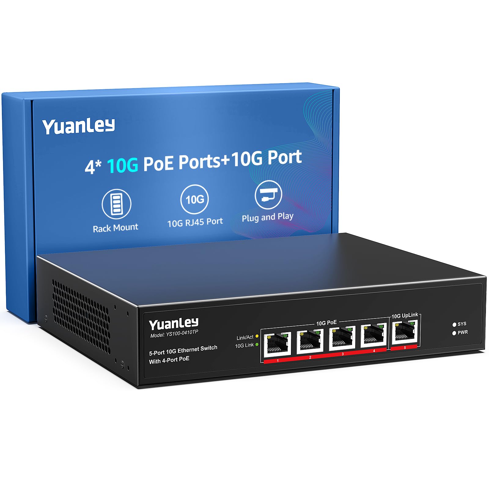 YuanLey 5-Port 10G PoE Switch Unmanaged - 4 x 10G PoE Ports, 1 x 10G Uplink, IEEE 802.3af/at, 65W Power, 1G/2.5G/5G/10G Compatible, Rackmount 10GbE Network Switch for Home Office, Surveillance & High-Speed Networking