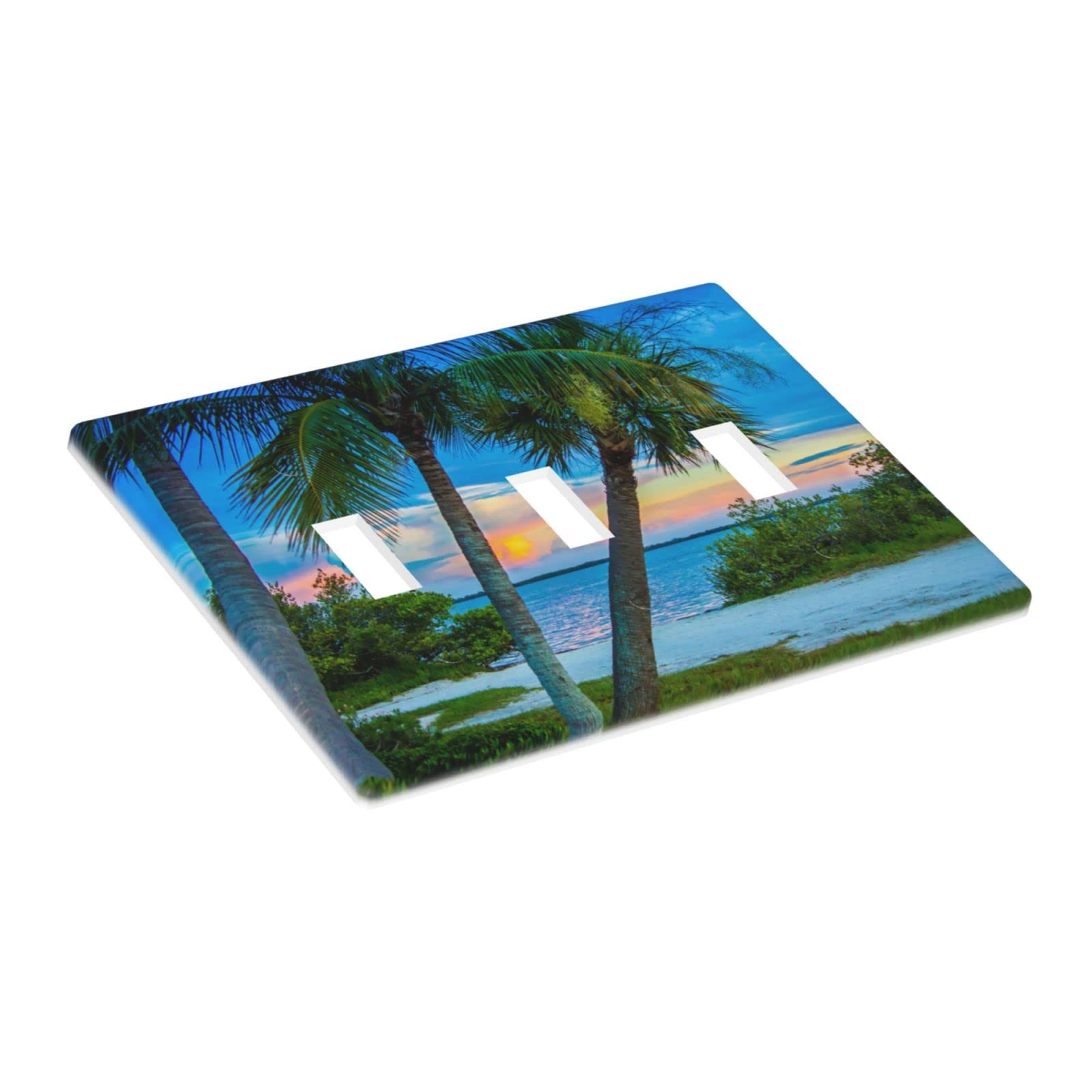 Decorative Beach Ocean Palm Tree Sunrise 3-Gang Toggle Light Switch Cover - Triple Wall Plate for Laundry, Living Room, Bathroom & Bedroom - Coastal Home Decor Accessory for Beach Houses & Tropical Themed Interiors