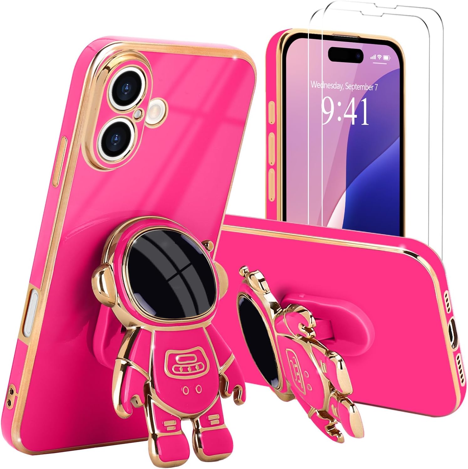 **3D Astronaut iPhone 16 Case - Cute Bling Soft Silicone Phone Cover in Hot Pink | Perfect for Everyday Protection & Stylish Outfits**