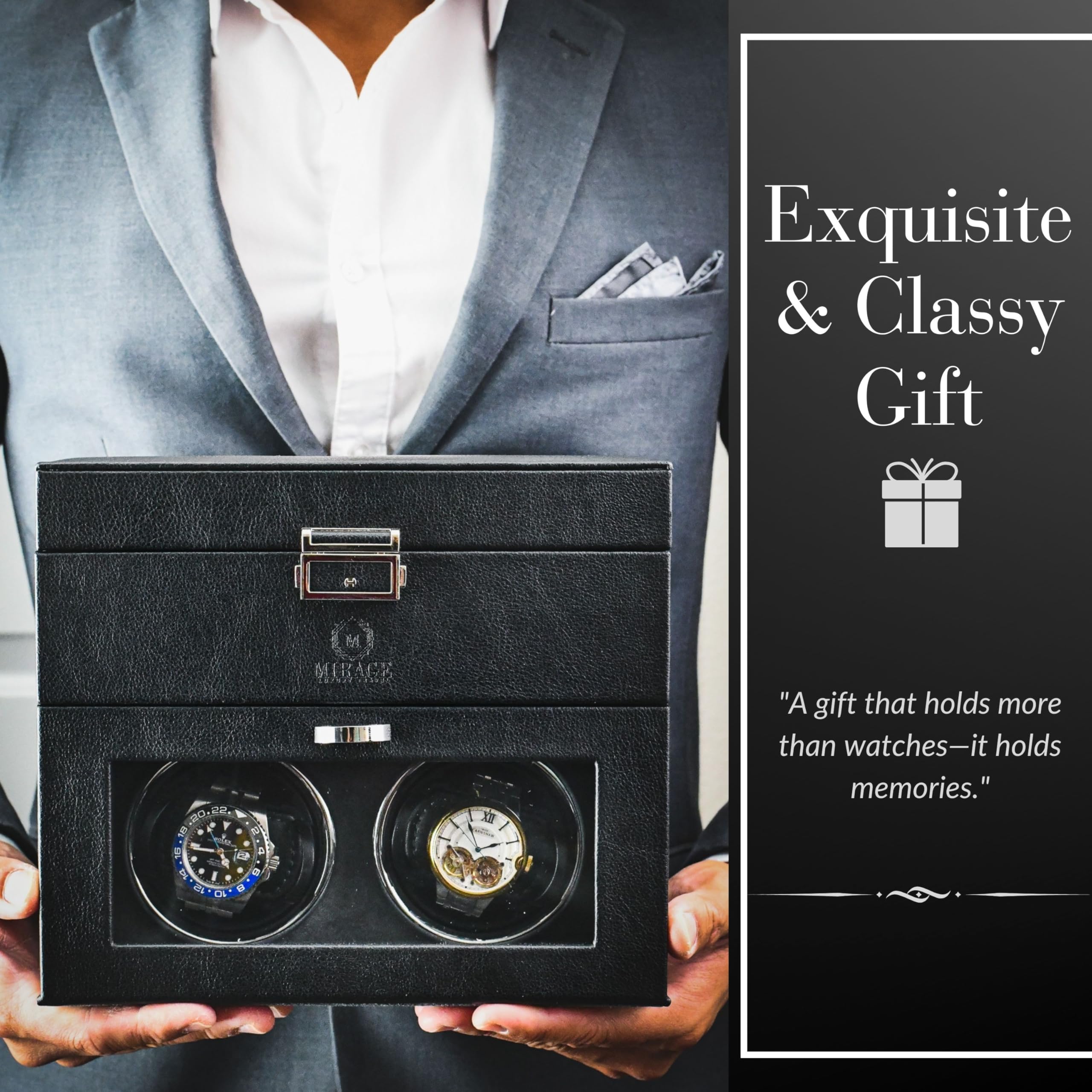 Premium Automatic Watch Winder Box with LED Lights & 8 Watch Storage - Swiss-Motif Ebony Black Design (US Brand) - Perfect for Watch Collectors & Luxury Timepiece Display at Home/Office