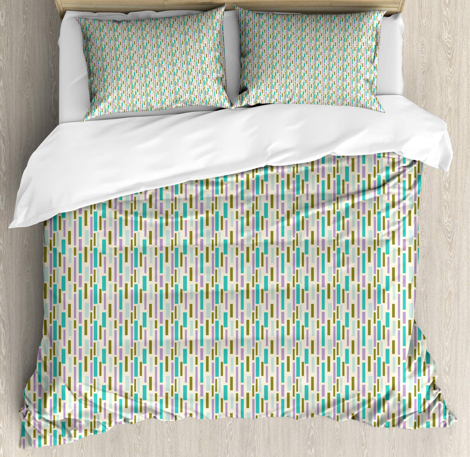 Ambesonne Retro Duvet Cover Set King Size - Abstract Geometric Design with Vertical Order Big Little Irregular Bars - 3 Piece Bedding Set Includes 2 Pillow Shams in Eggshell & Multicolor - Perfect for Modern Bedroom Decor & Guest Room Styling