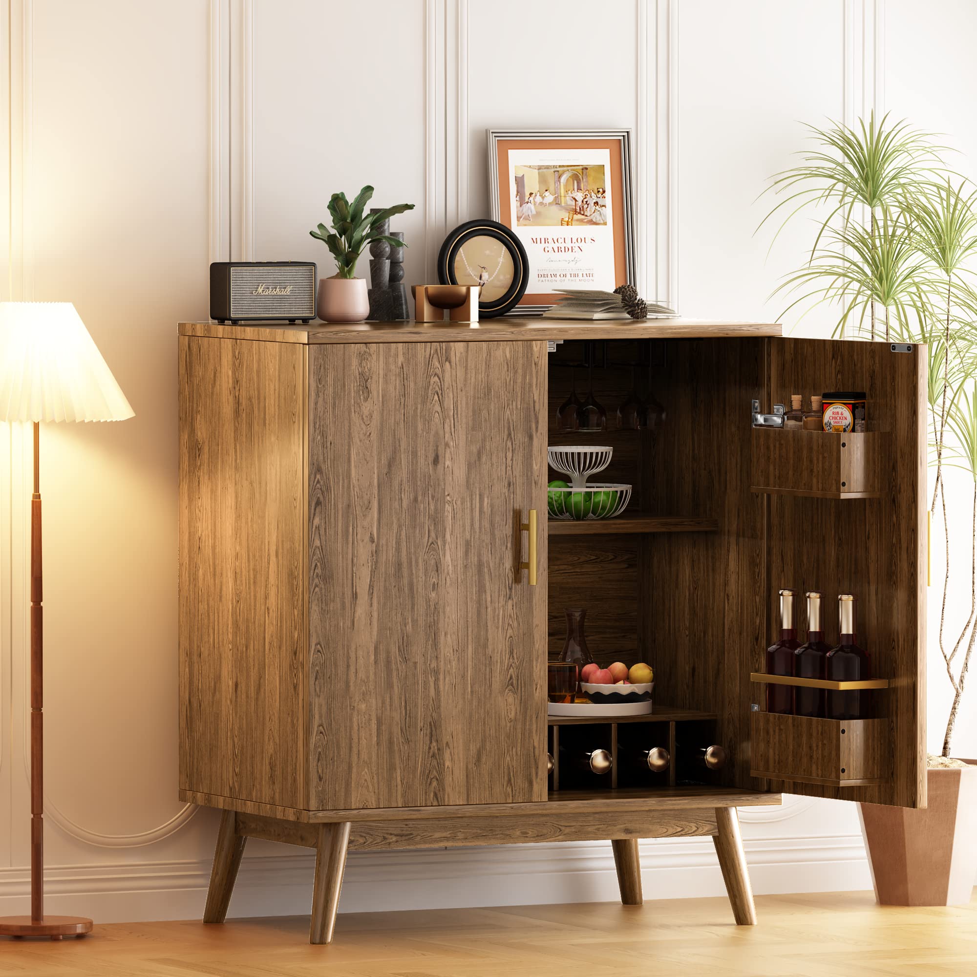 AWQM Sideboard Buffet Cabinet with Double Doors - Wine Bar Storage Cabinet with Wine Rack & Glass Holder - Modern Brown Sideboard for Dining Room, Living Room, Kitchen - Perfect for Home Bar, Wine Storage & Display