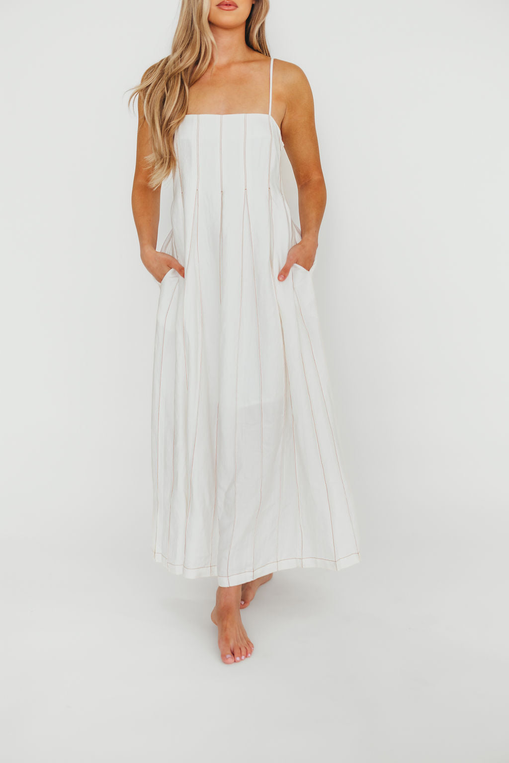 Mei Linen Stitch Maxi Dress in Cream | Women's Summer Boho Beach Dress | Perfect for Vacation, Wedding Guest & Casual Outings