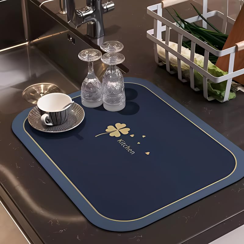 TRUE SHOP® Premium Dish Drying Mat for Kitchen - Extra Large 40x60 Inch Water Absorbent Non-Slip Counter Mat - Fast Drying Placemat for Dishes, Utensils & Wet Items - Perfect for Countertops, Sinks & Kitchen Islands - Solid Blue