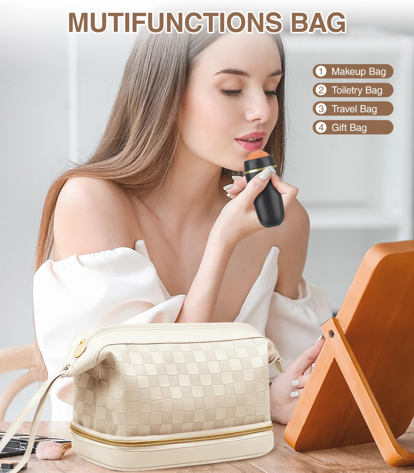 Large Double Layer Leather Makeup Bag Organizer - Waterproof Travel Cosmetic & Toiletry Bag for Women & Girls (Beige) - Perfect for Travel, Gym, and Daily Makeup Storage