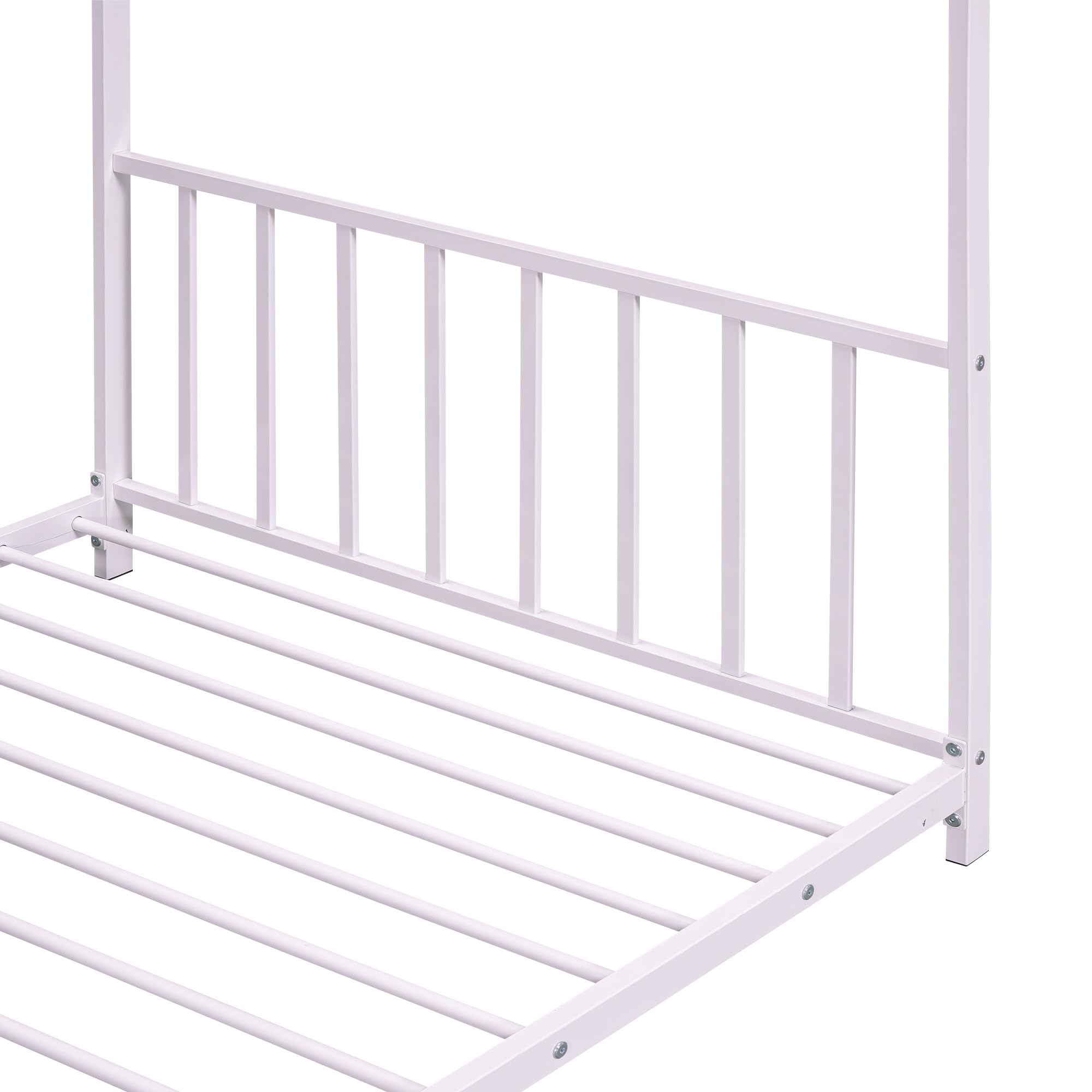 Montessori Twin Size Floor Bed for Kids - Sturdy Metal Frame with High Headboard & Roof - Pink House Bed for Boys & Girls - Perfect for Bedroom, Playroom & Montessori Learning Spaces