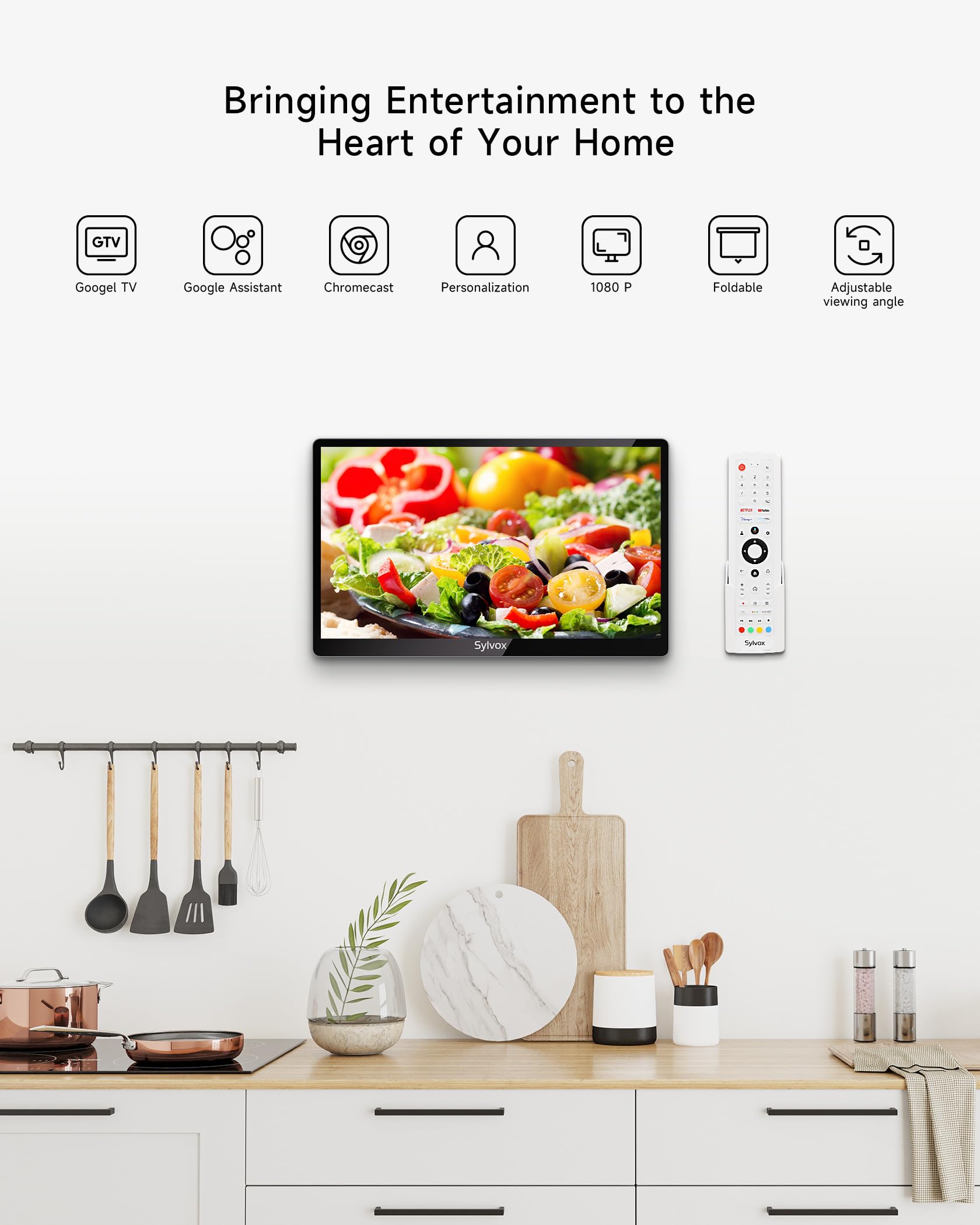 SYLVOX 15.6 Inch Smart Kitchen TV - Full HD 1080P Under Cabinet Television with Google OS, Voice Remote, WiFi & Bluetooth - Perfect for Cooking Entertainment & Small Spaces