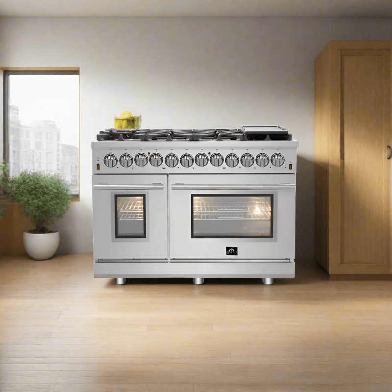FORNO Massimo 48 Inch Freestanding Dual Fuel Range - Stainless Steel Professional Gas & Electric Oven with 6 Burners - Perfect for Home Kitchen & Restaurant Use - Model FFSGS6125 48