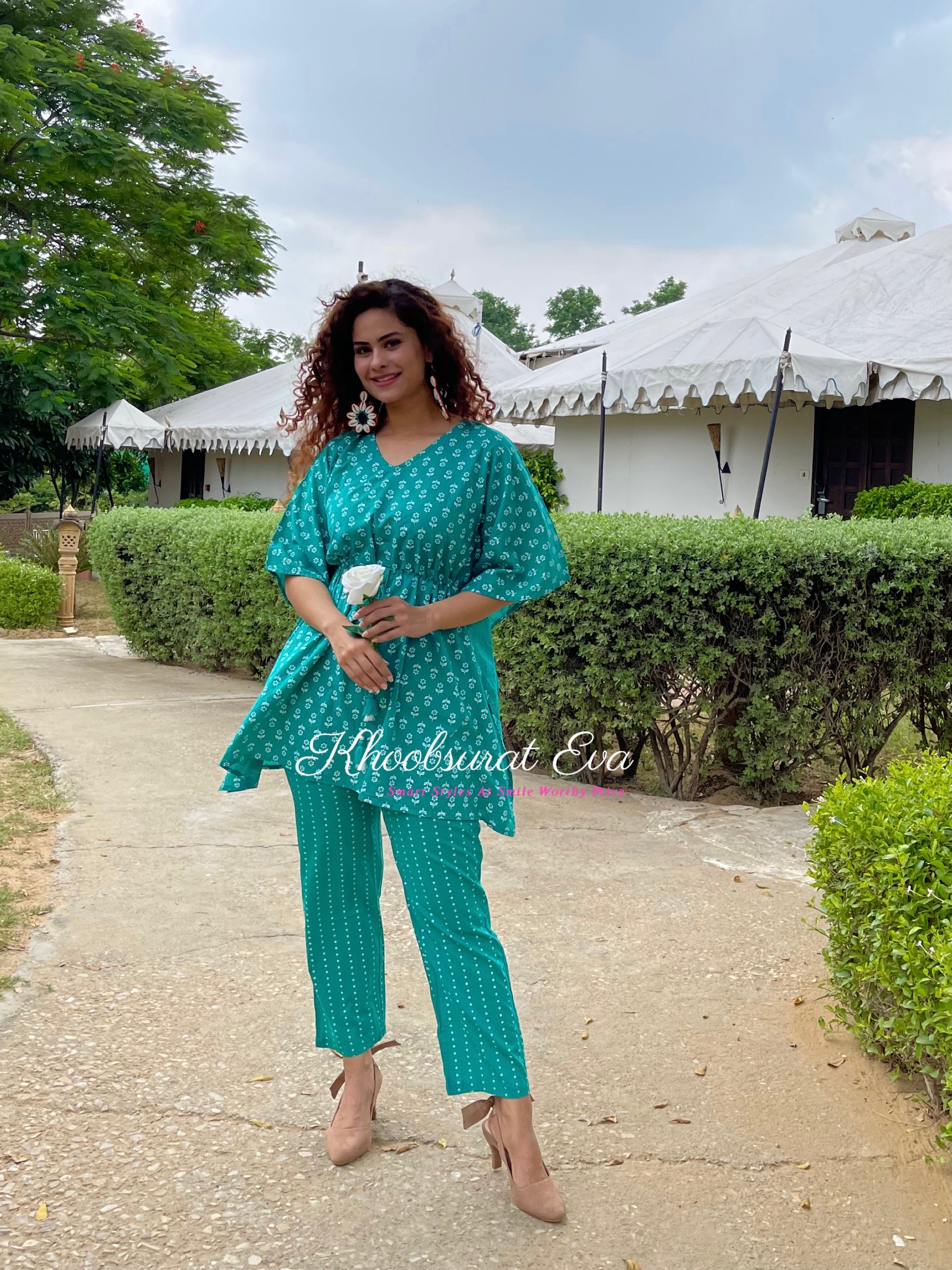 Stylish Green Printed Cotton Kaftan Co-Ord Set for Women - Summer Beachwear & Boho Outfit for Vacations, Pool Parties, and Relaxing at Home