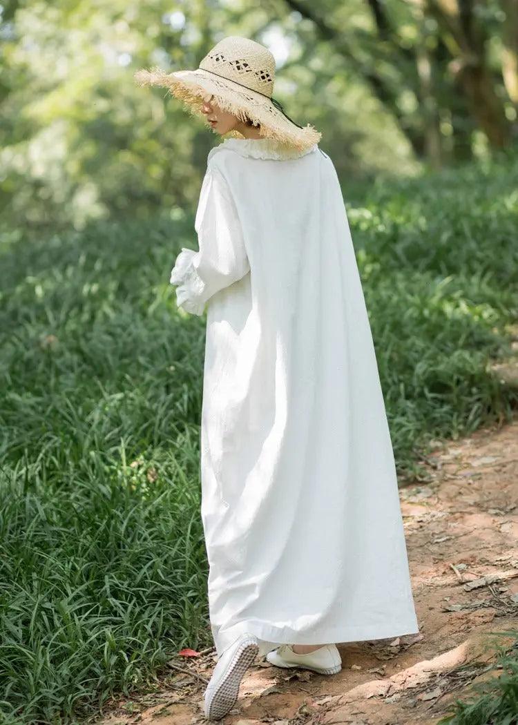 Elegant White Linen V-Neck Princess Dress for Women | Summer Beach Wedding Guest Dress | Perfect for Garden Parties & Date Nights