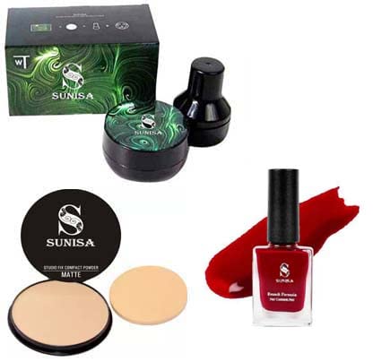 SUNISA 1 BB & CC Cream Matte Foundation with Mushroom Head Air Cushion 20g, Studio Fix Compact Powder & Red Nail Polish - 4-Piece Set for Flawless Matte Makeup & Natural Finish - Perfect for Daily Wear, Special Occasions & On-The-Go Touch-Ups