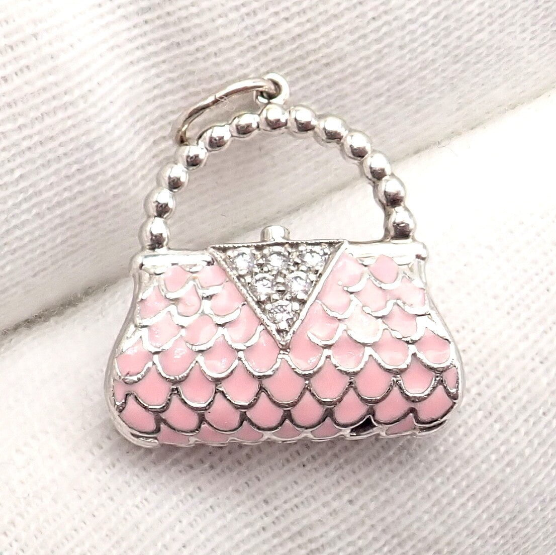 Tiffany & Co. Platinum Pink Enamel Diamond Handbag Charm Pendant - Elegant Jewelry Accessory for Luxury Bags & Purses