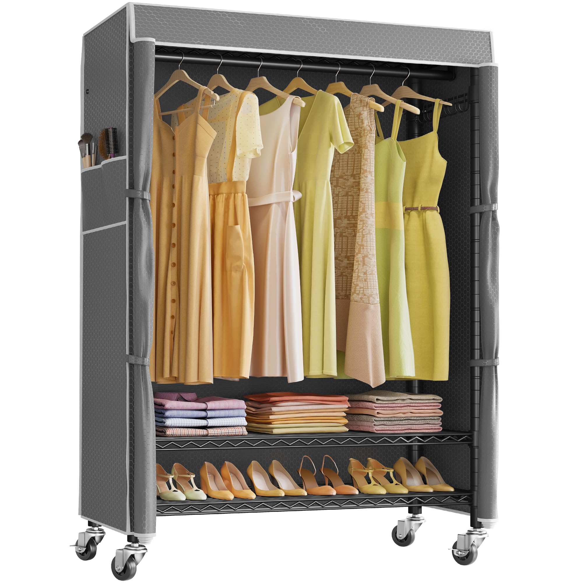 VIPEK R1C Plus Heavy Duty Rolling Garment Rack with Locking Wheels, Adjustable Shelves & Side Hooks - Portable Closet Organizer for Clothes, Shoes & Accessories (Black Frame with Grey Polyester Cover) - Perfect for Home, Retail Stores, Laundry Rooms & Closet Organization