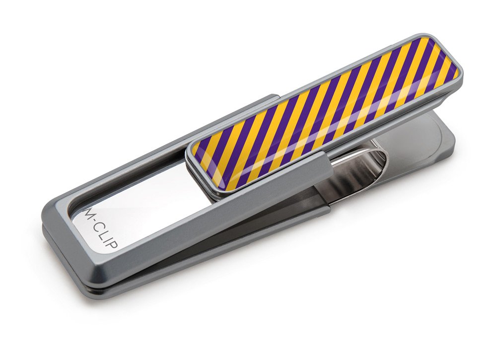M-CLIP Team Stripes Money Clip - Slim RFID Blocking Credit Card Holder & Cash Wallet for Men - Minimalist Front Pocket Wallet Alternative (Purple & Gold) - Perfect for Travel, Business & Everyday Carry